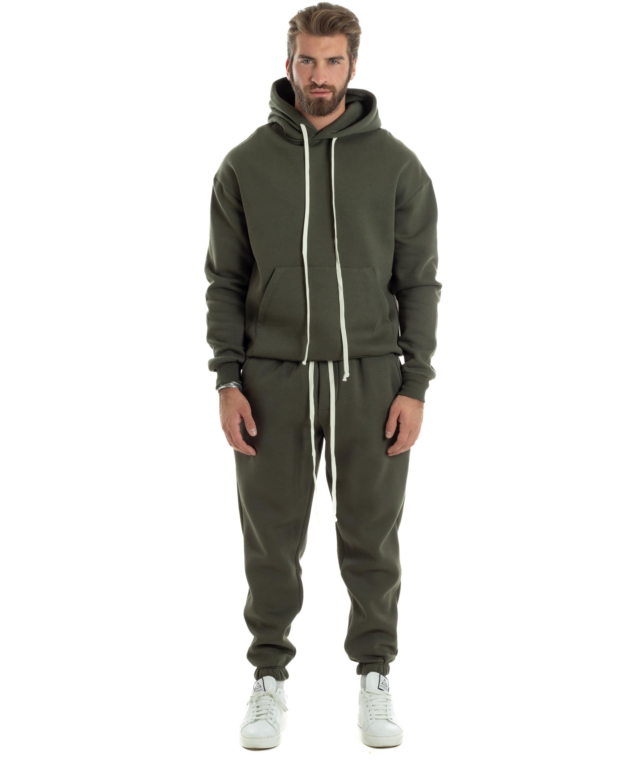 Completo Tuta Uomo Coordinato Outfit Felpa Con Cappuccio Pantaloni Jogger Tinta Unita Verde GIOSAL-OU2494A