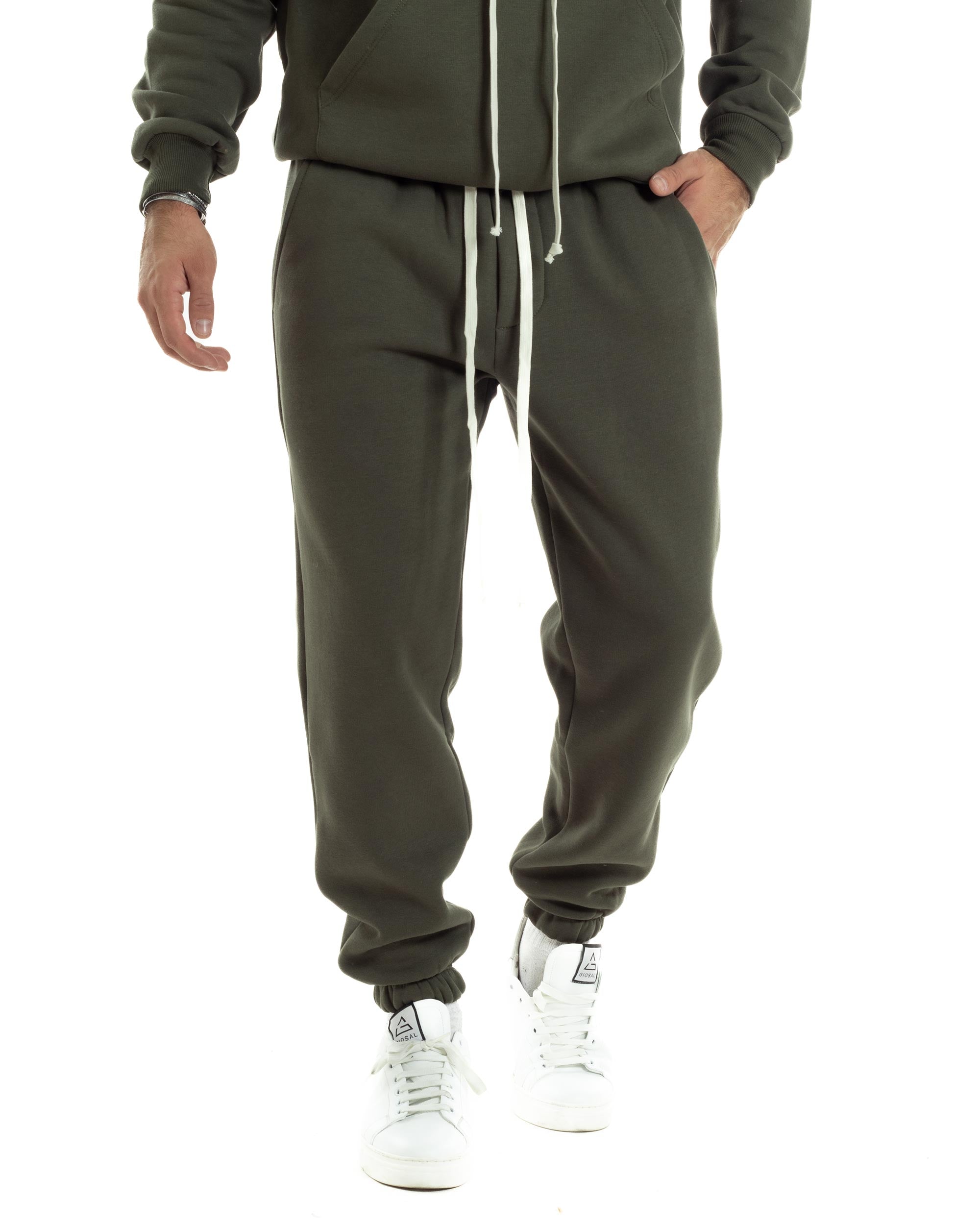 Completo Tuta Uomo Coordinato Outfit Felpa Con Cappuccio Pantaloni Jogger Tinta Unita Verde GIOSAL-OU2494A