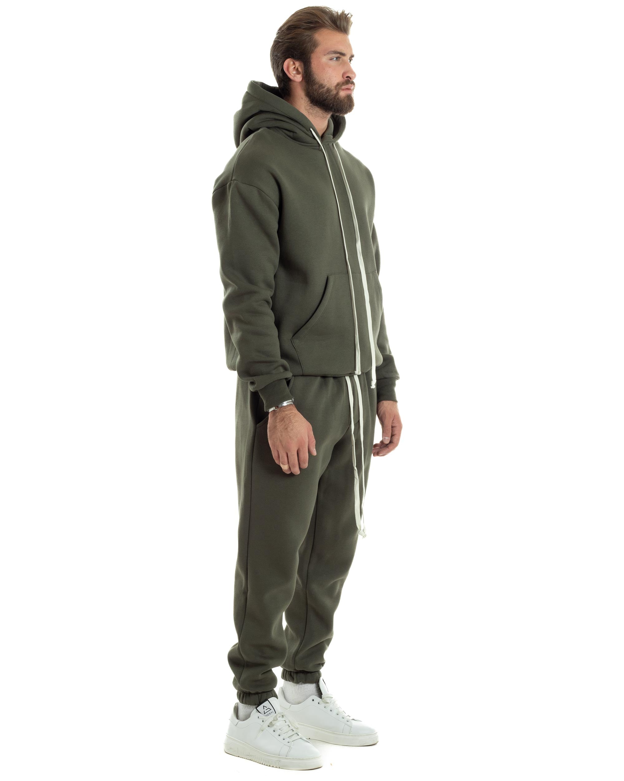 Completo Tuta Uomo Coordinato Outfit Felpa Con Cappuccio Pantaloni Jogger Tinta Unita Verde GIOSAL-OU2494A