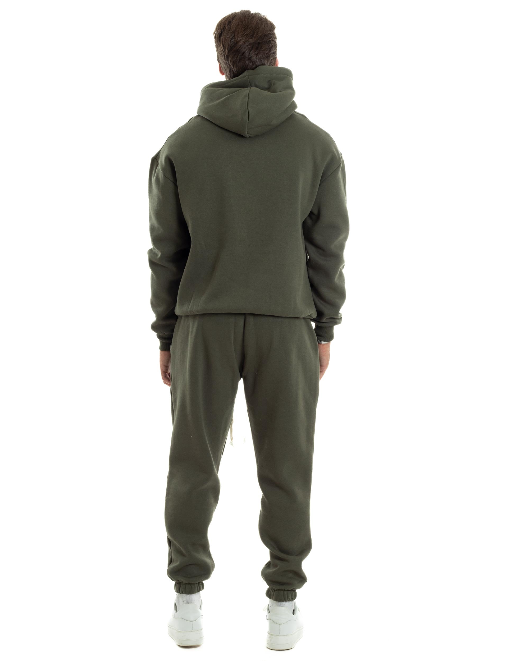 Completo Tuta Uomo Coordinato Outfit Felpa Con Cappuccio Pantaloni Jogger Tinta Unita Verde GIOSAL-OU2494A