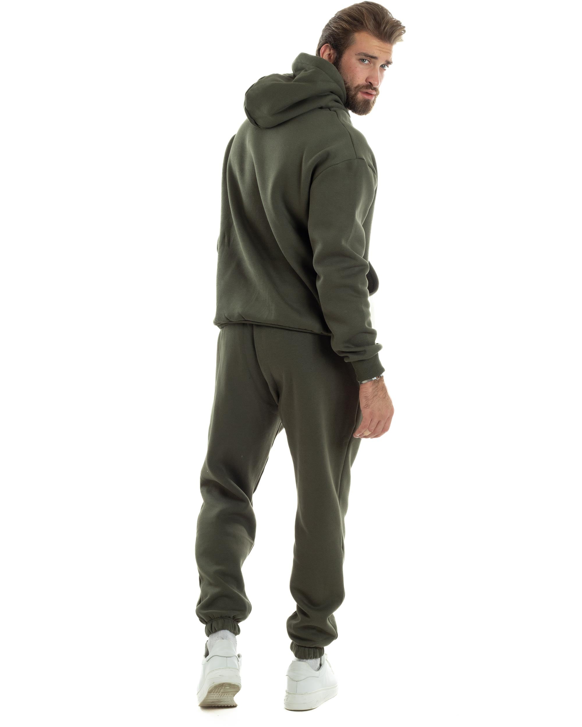 Completo Tuta Uomo Coordinato Outfit Felpa Con Cappuccio Pantaloni Jogger Tinta Unita Verde GIOSAL-OU2494A