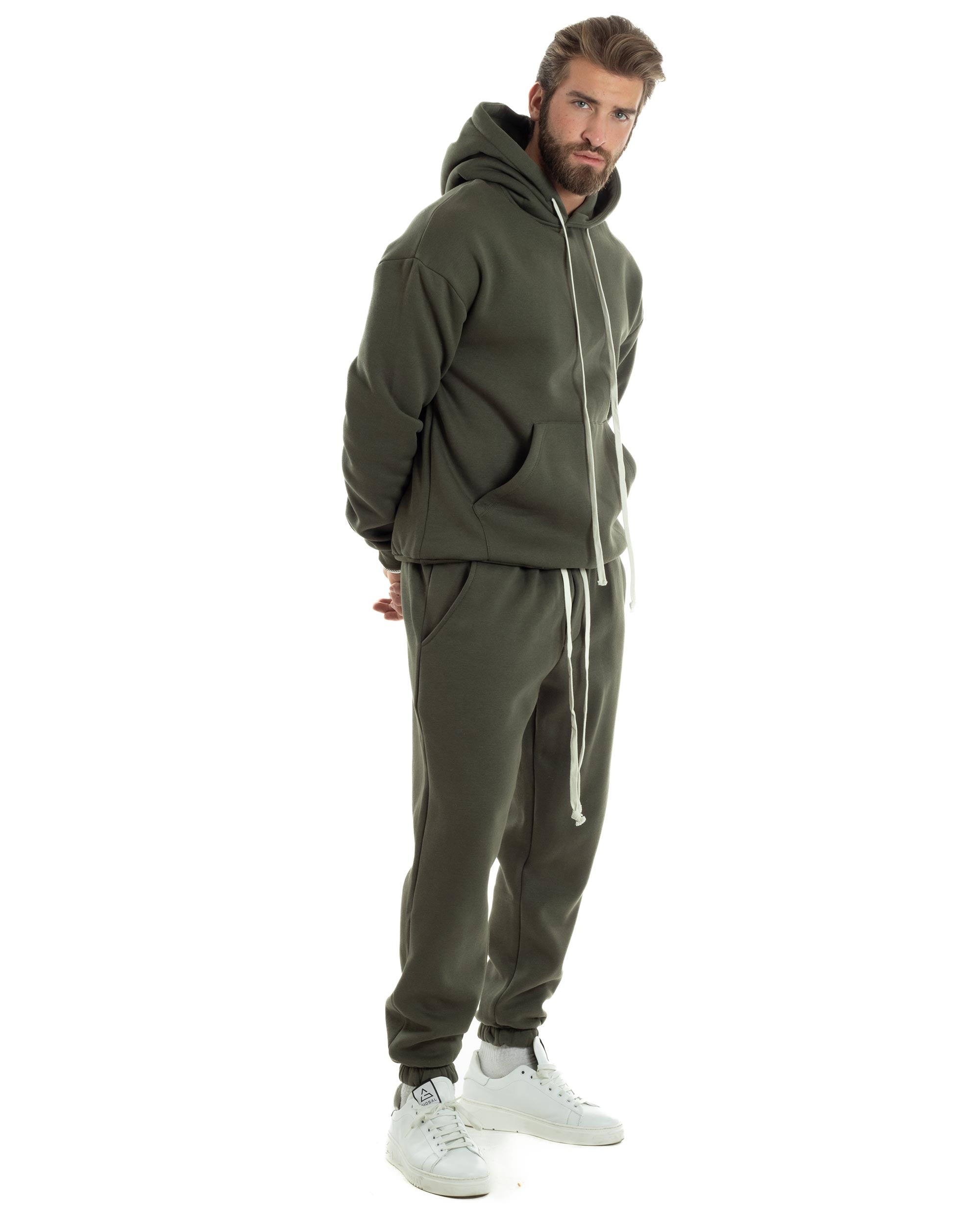 Completo Tuta Uomo Coordinato Outfit Felpa Con Cappuccio Pantaloni Jogger Tinta Unita Verde GIOSAL-OU2494A