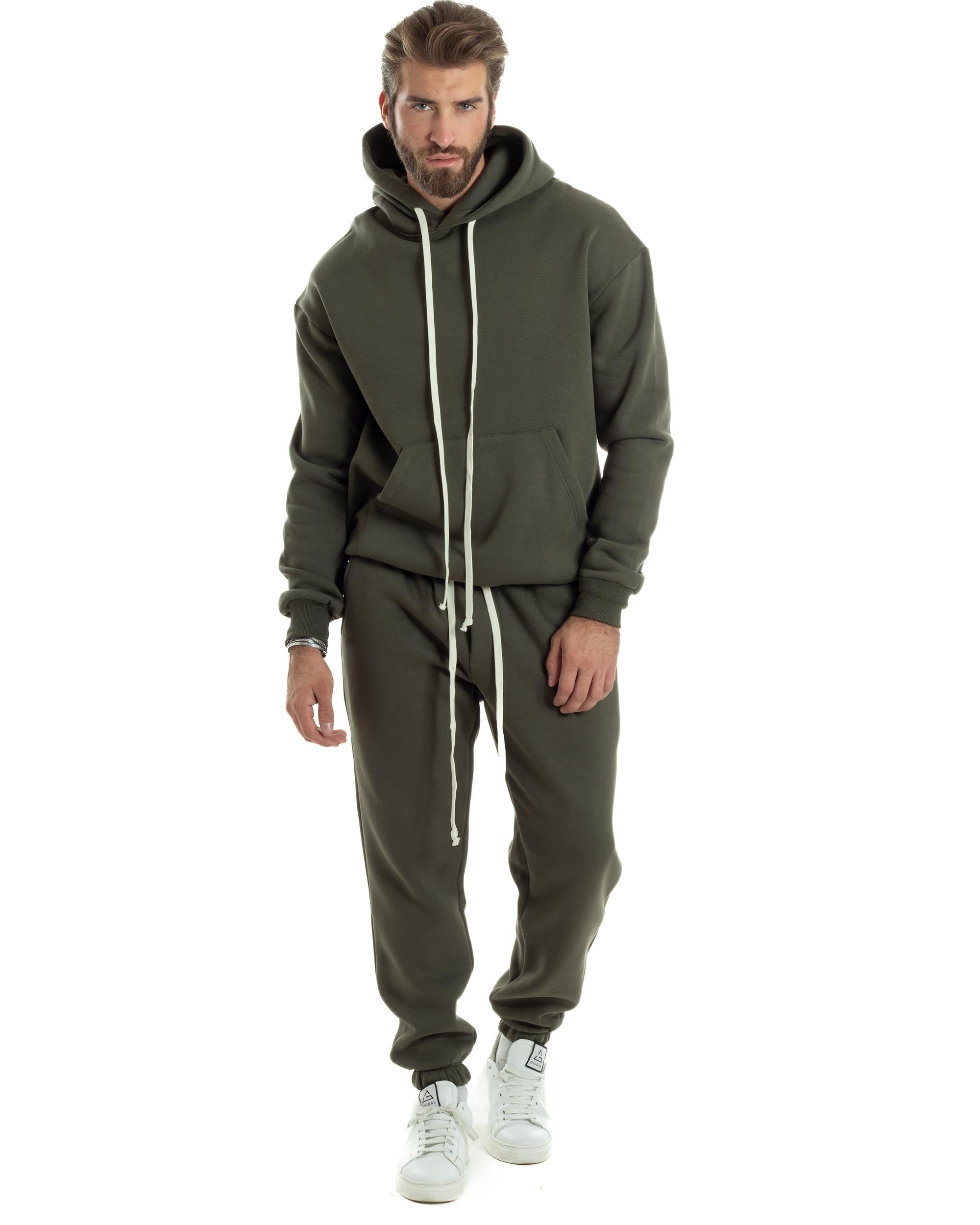 Completo Tuta Uomo Coordinato Outfit Felpa Con Cappuccio Pantaloni Jogger Tinta Unita Verde GIOSAL-OU2494A