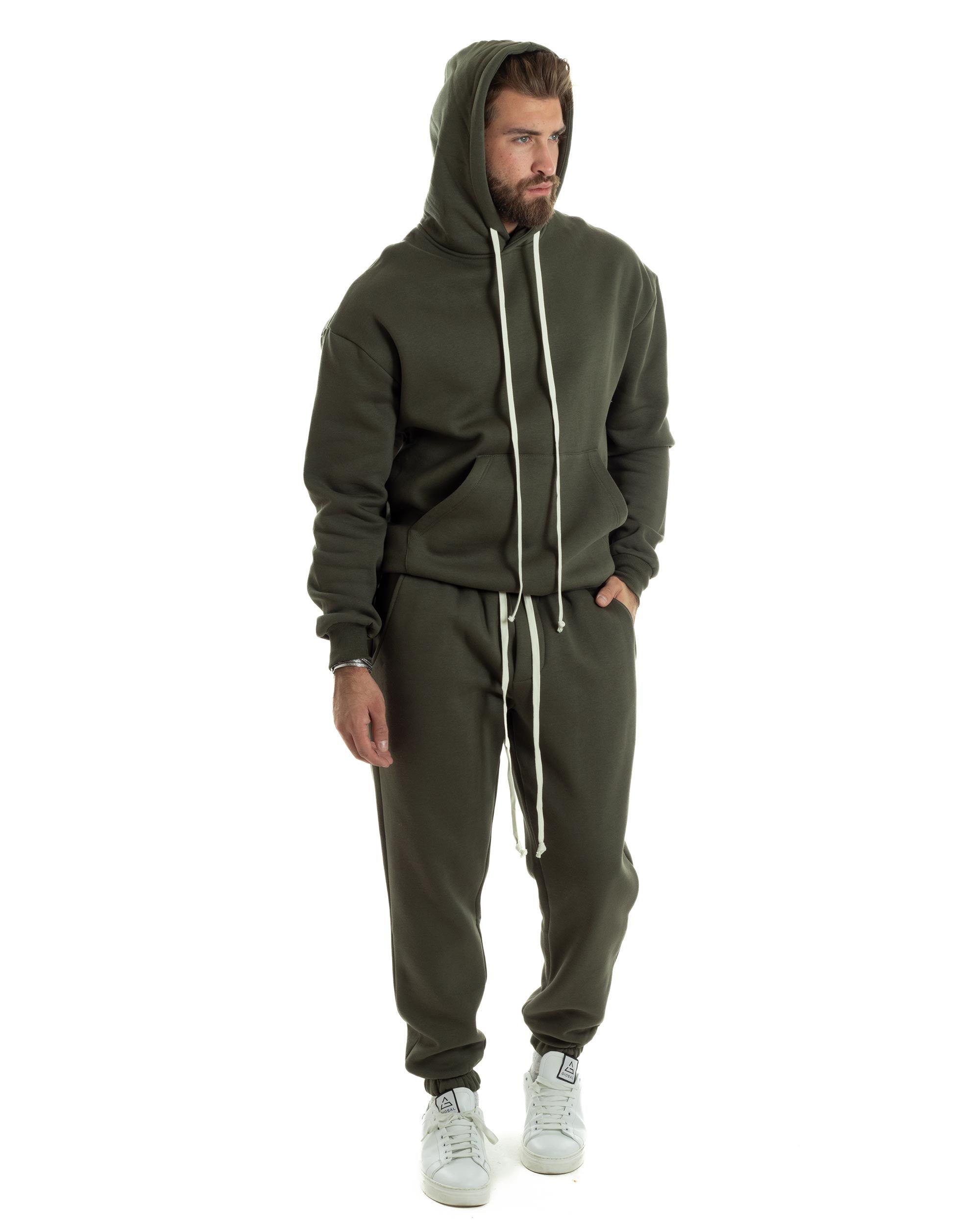 Completo Tuta Uomo Coordinato Outfit Felpa Con Cappuccio Pantaloni Jogger Tinta Unita Verde GIOSAL-OU2494A