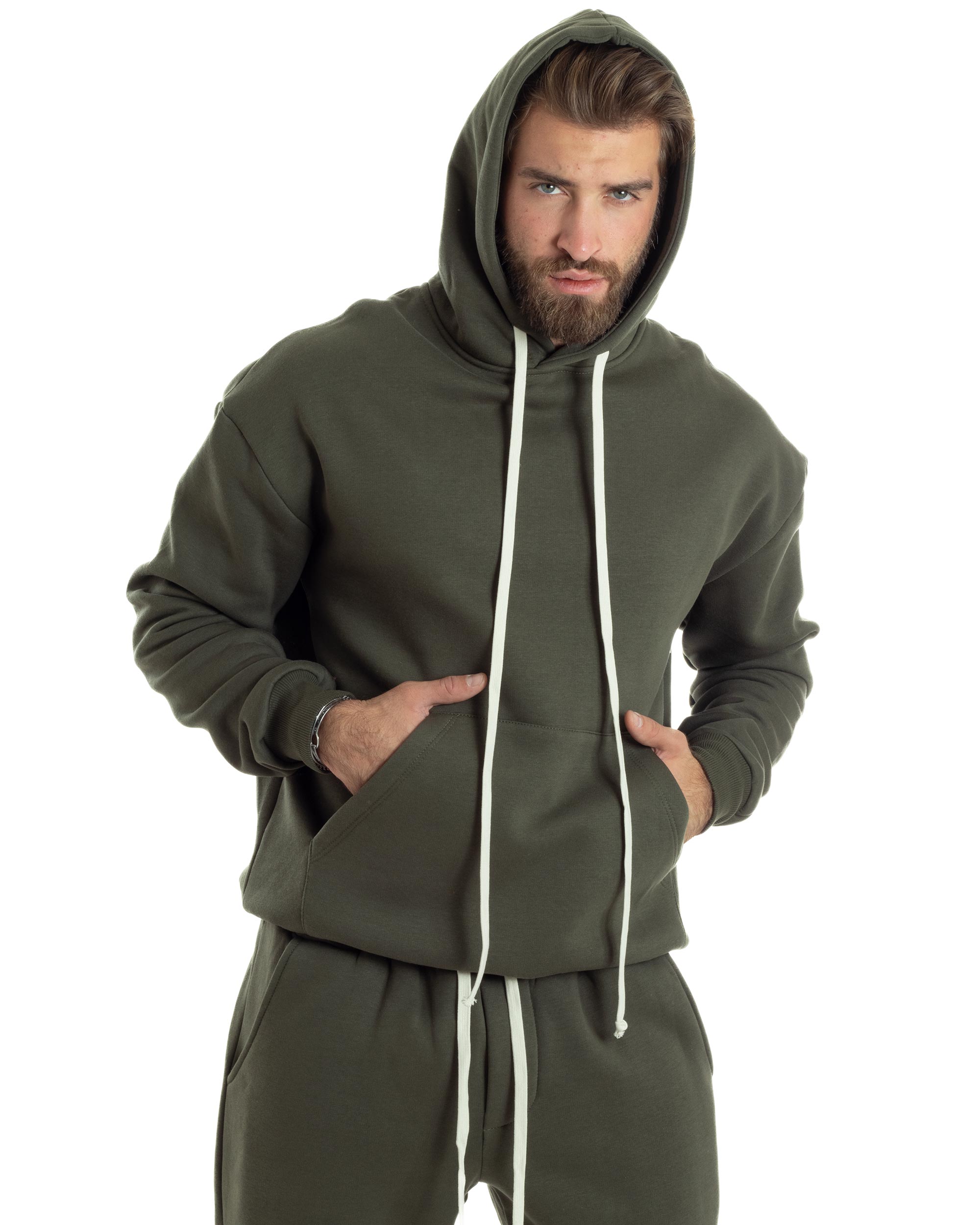 Completo Tuta Uomo Coordinato Outfit Felpa Con Cappuccio Pantaloni Jogger Tinta Unita Verde GIOSAL-OU2494A