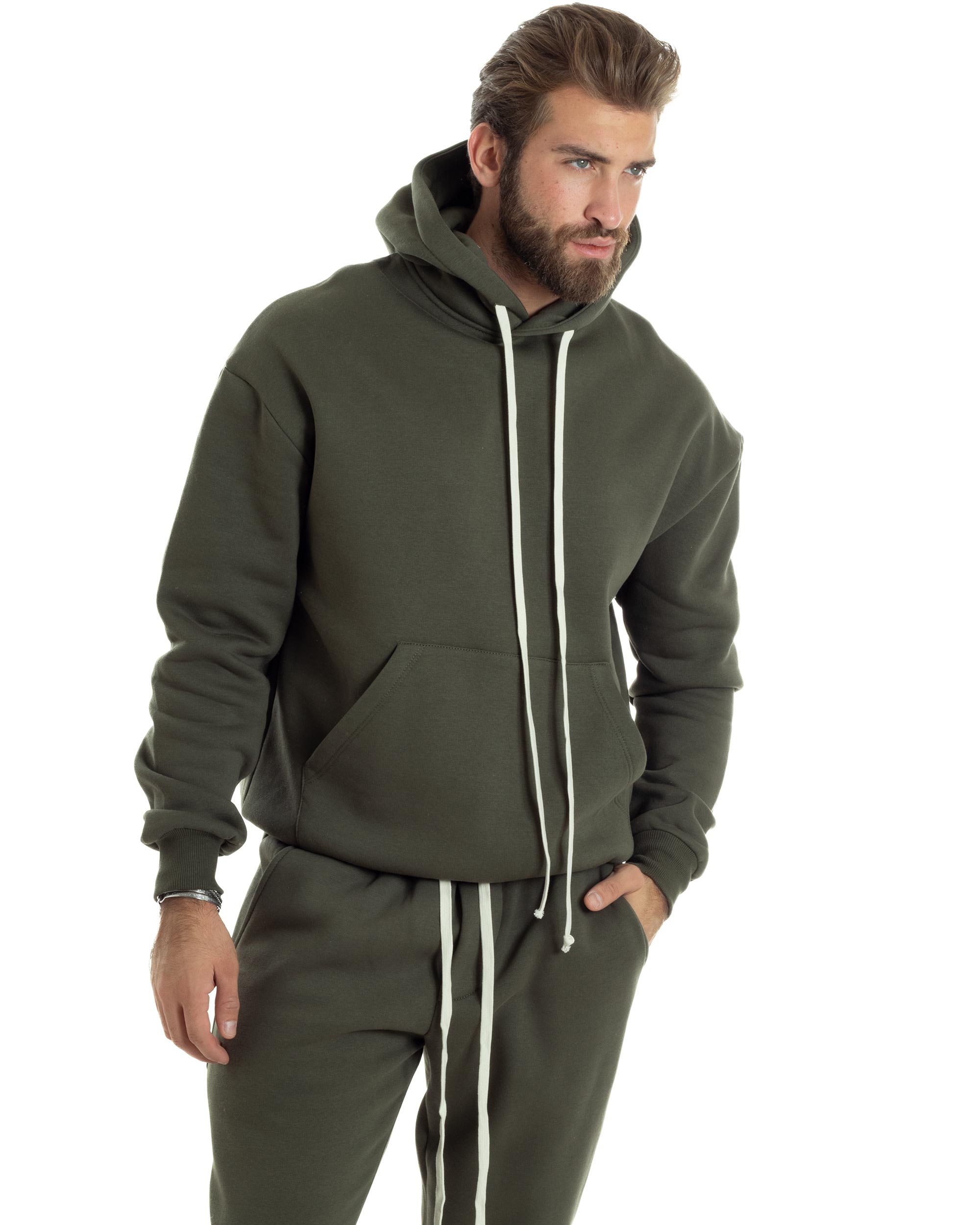 Completo Tuta Uomo Coordinato Outfit Felpa Con Cappuccio Pantaloni Jogger Tinta Unita Verde GIOSAL-OU2494A