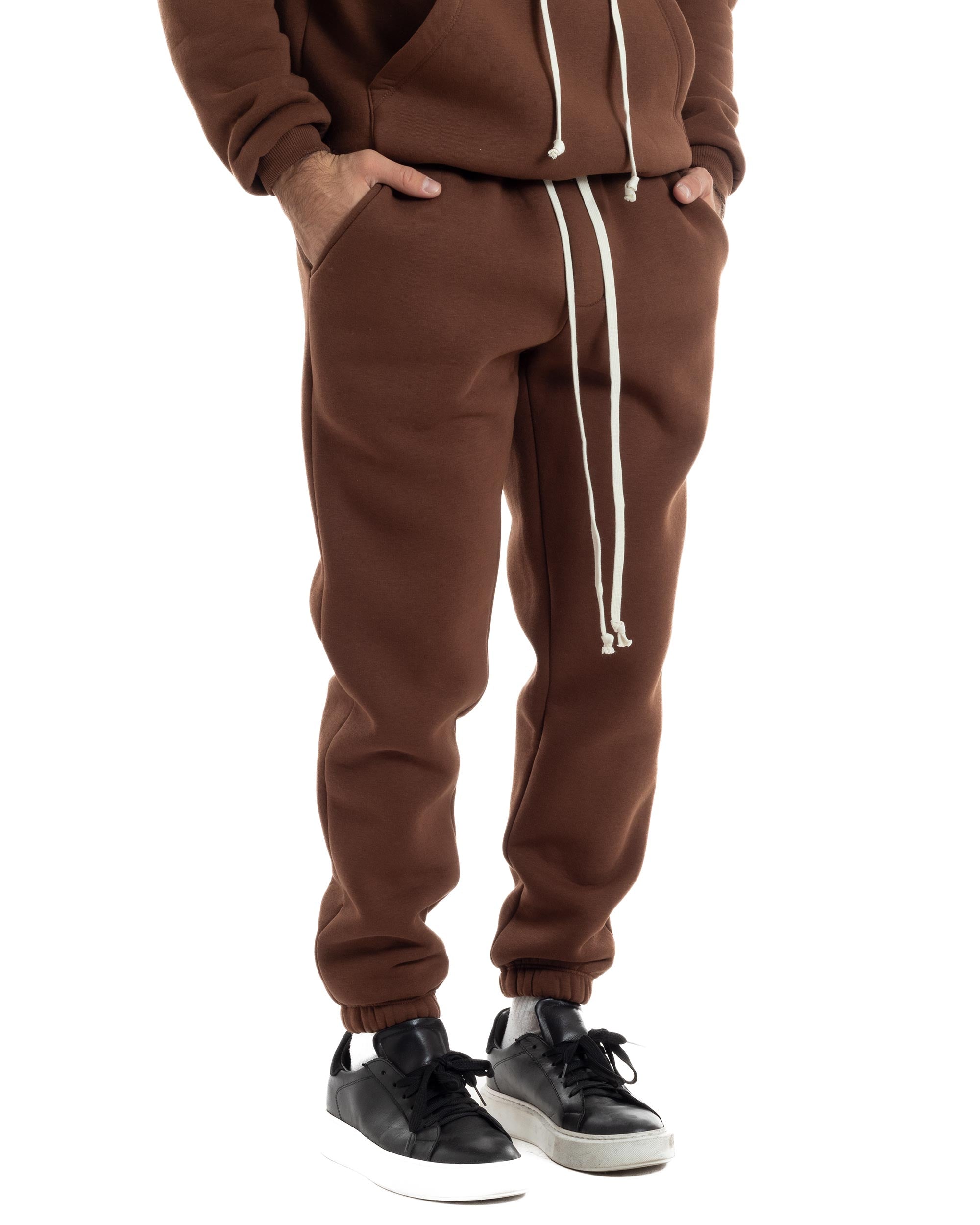 Completo Tuta Uomo Coordinato Outfit Felpa Con Cappuccio Pantaloni Jogger Tinta Unita Marrone GIOSAL-OU2495A