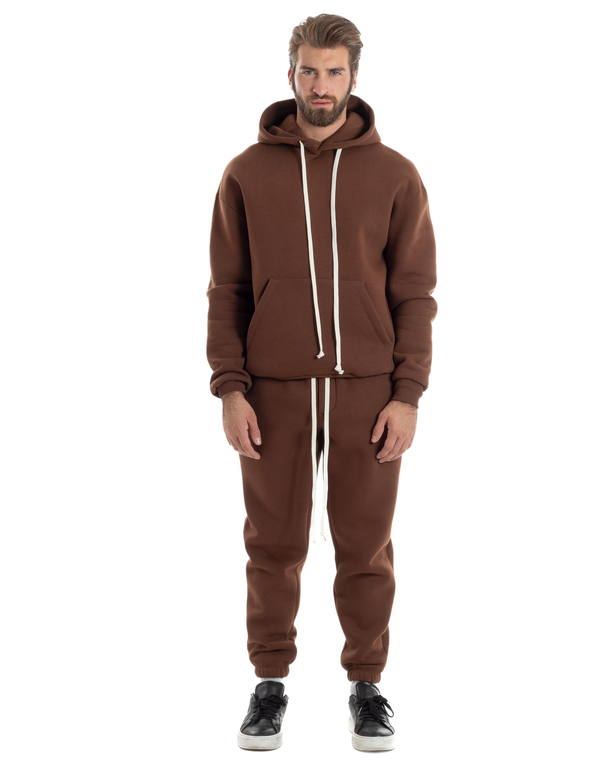 Completo Tuta Uomo Coordinato Outfit Felpa Con Cappuccio Pantaloni Jogger Tinta Unita Marrone GIOSAL-OU2495A