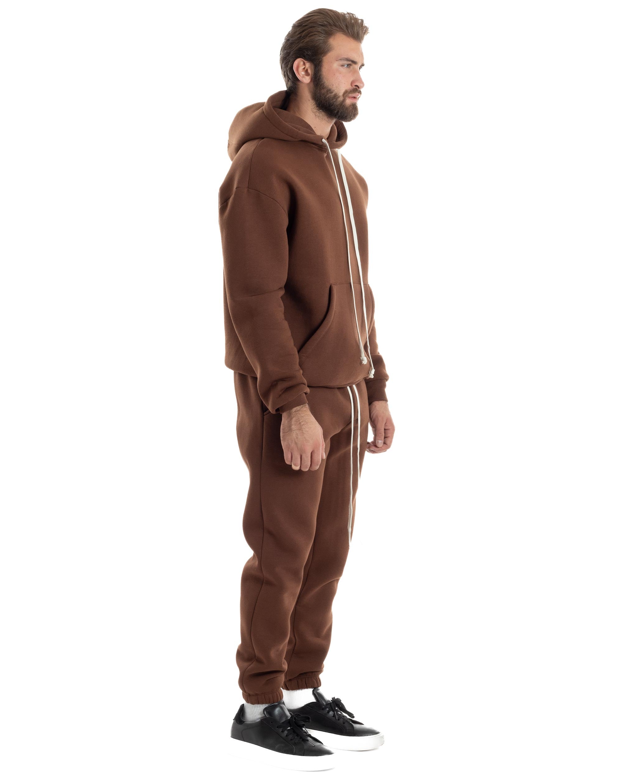 Completo Tuta Uomo Coordinato Outfit Felpa Con Cappuccio Pantaloni Jogger Tinta Unita Marrone GIOSAL-OU2495A