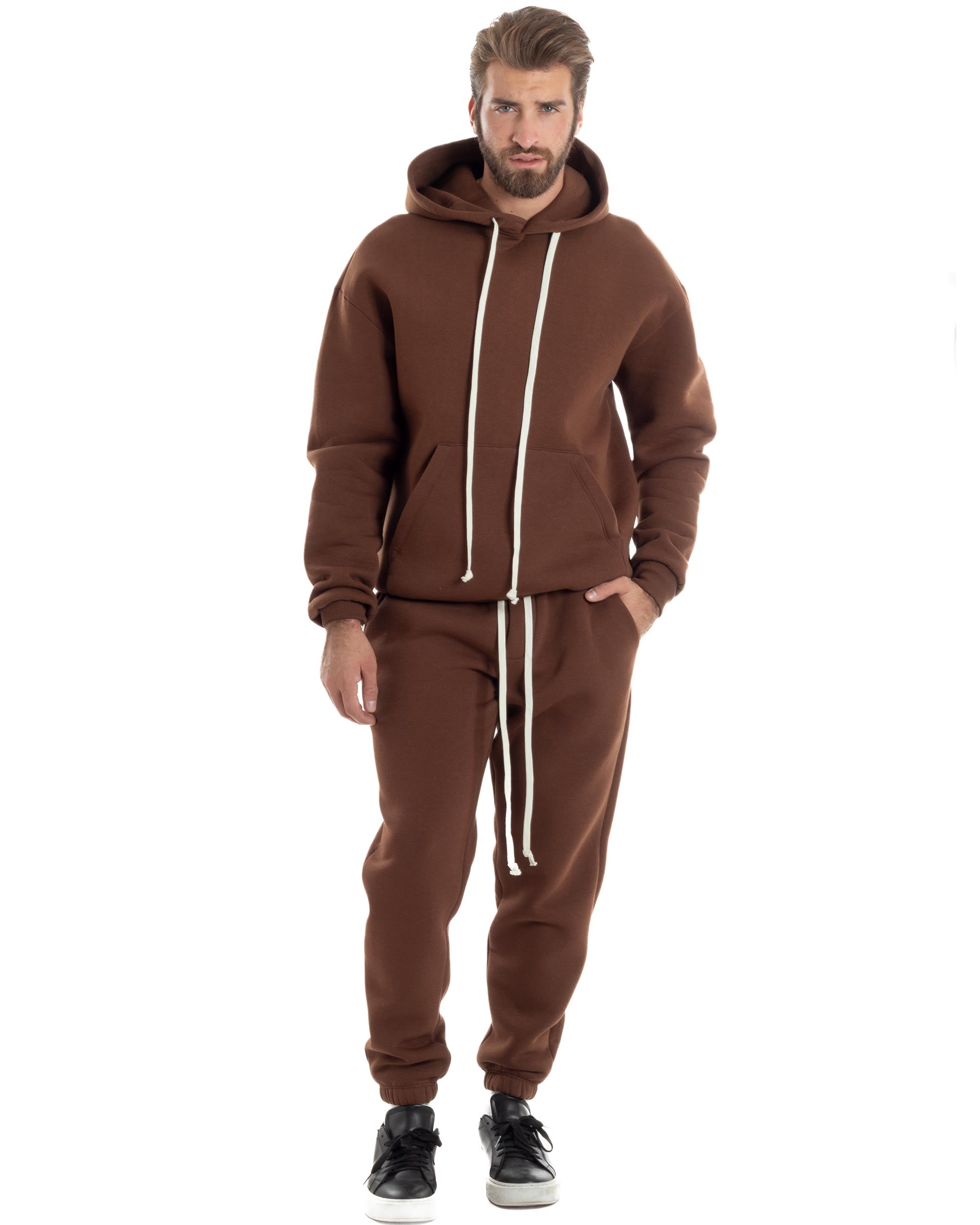 Completo Tuta Uomo Coordinato Outfit Felpa Con Cappuccio Pantaloni Jogger Tinta Unita Marrone GIOSAL-OU2495A