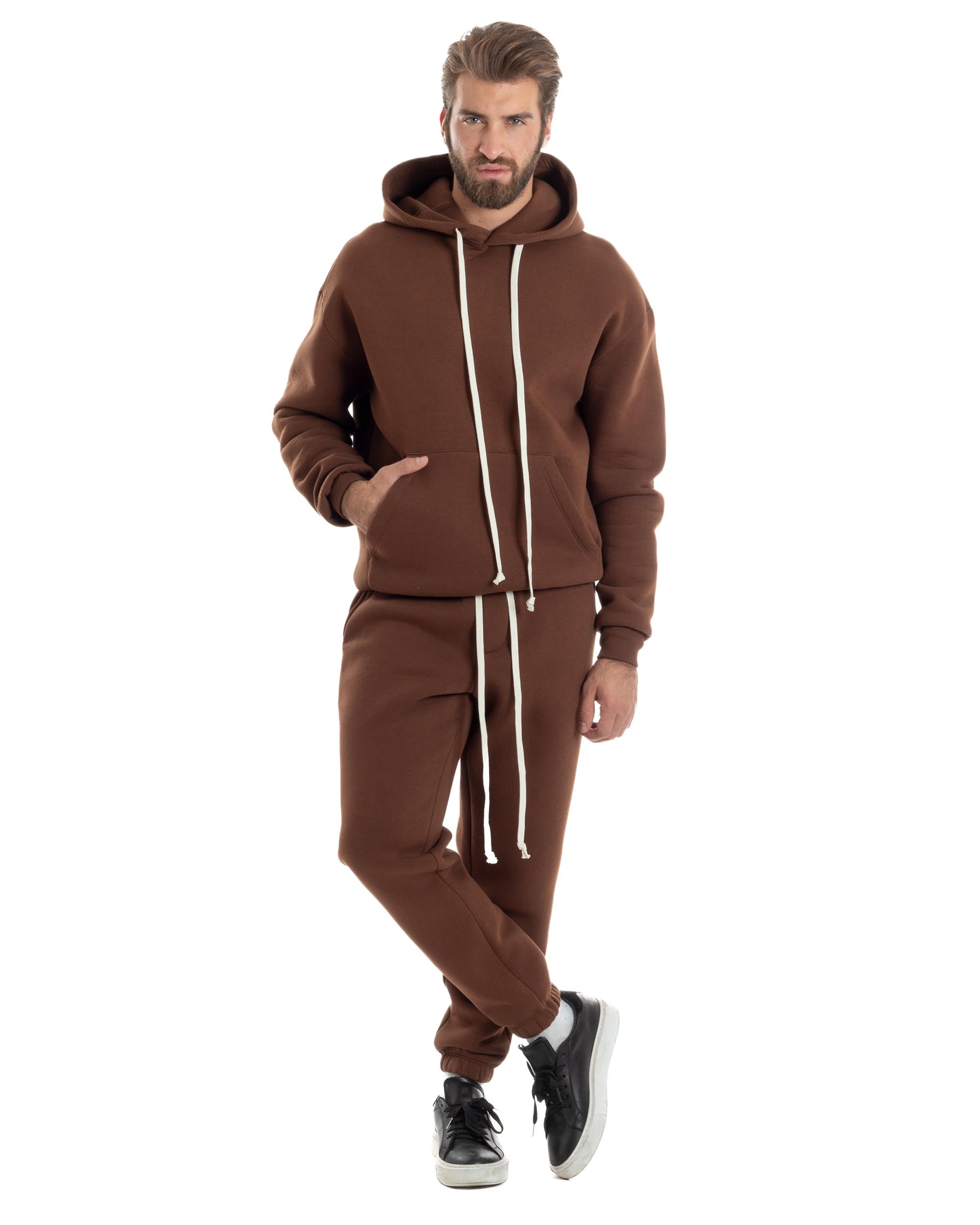 Completo Tuta Uomo Coordinato Outfit Felpa Con Cappuccio Pantaloni Jogger Tinta Unita Marrone GIOSAL-OU2495A