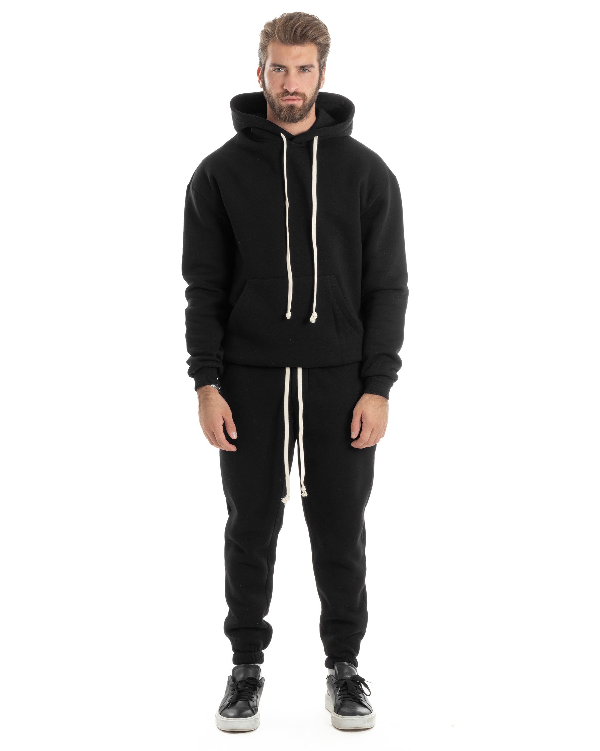 Completo Tuta Uomo Coordinato Outfit Felpa Con Cappuccio Pantaloni Jogger Tinta Unita Nero GIOSAL-OU2496A