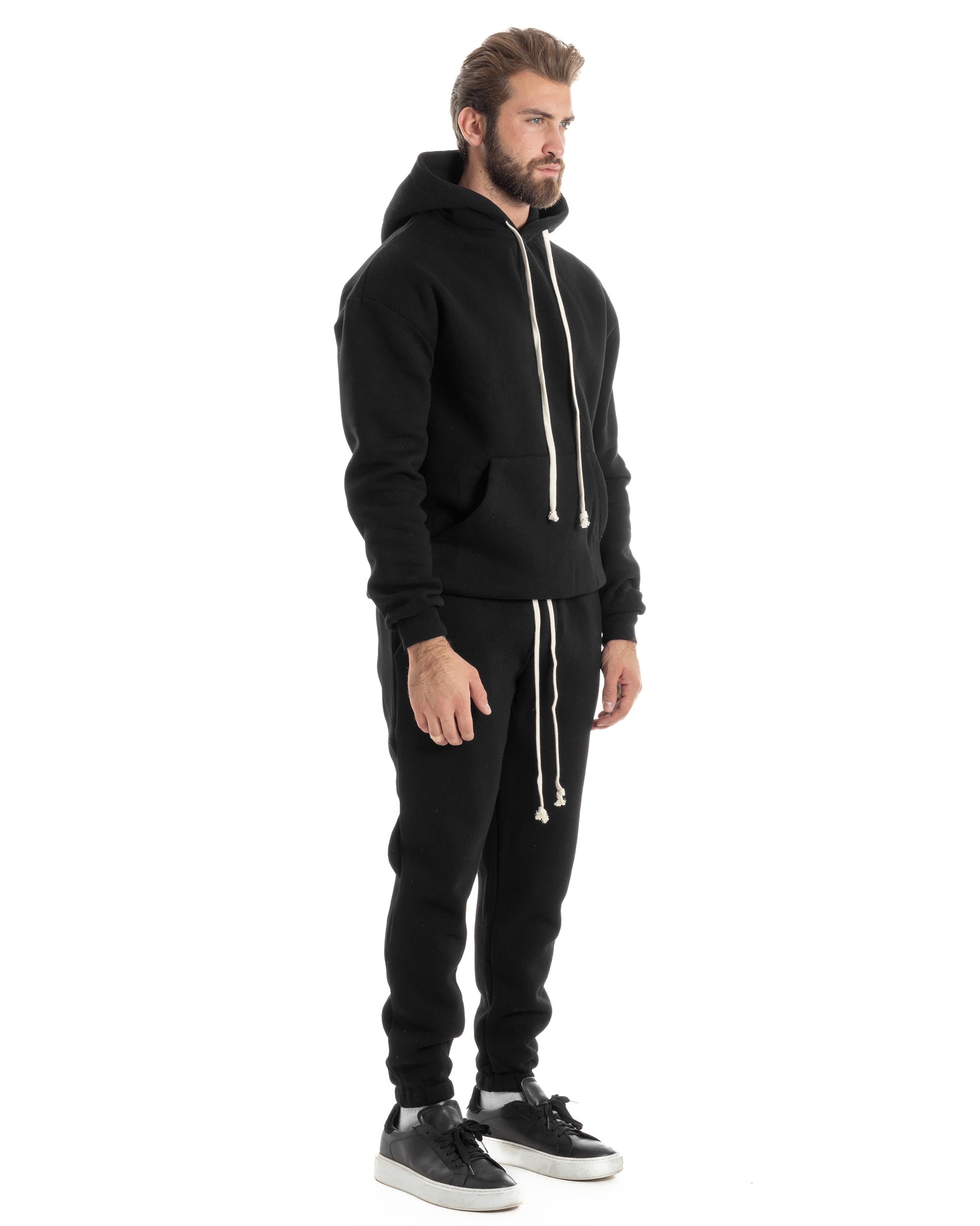 Completo Tuta Uomo Coordinato Outfit Felpa Con Cappuccio Pantaloni Jogger Tinta Unita Nero GIOSAL-OU2496A