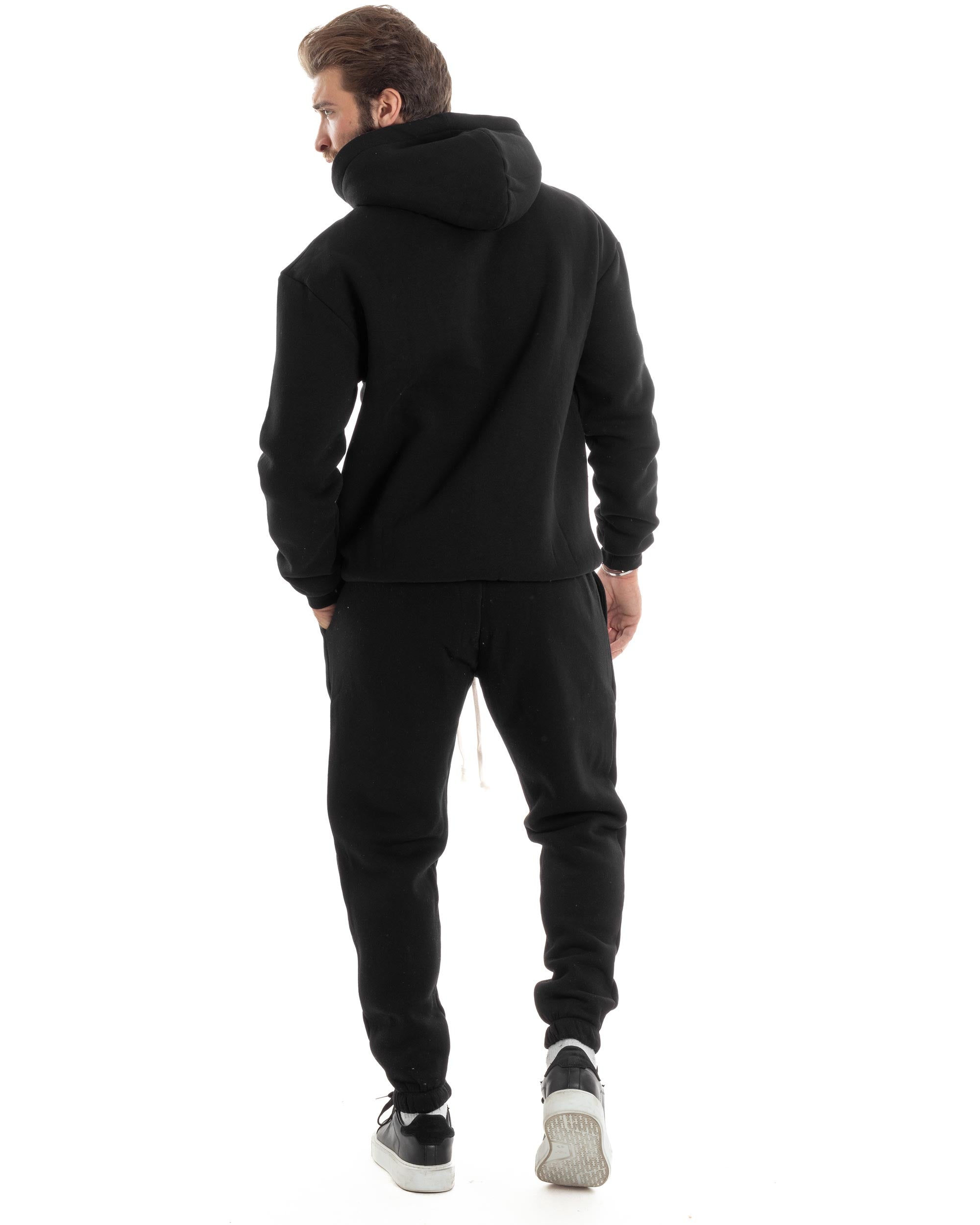 Completo Tuta Uomo Coordinato Outfit Felpa Con Cappuccio Pantaloni Jogger Tinta Unita Nero GIOSAL-OU2496A