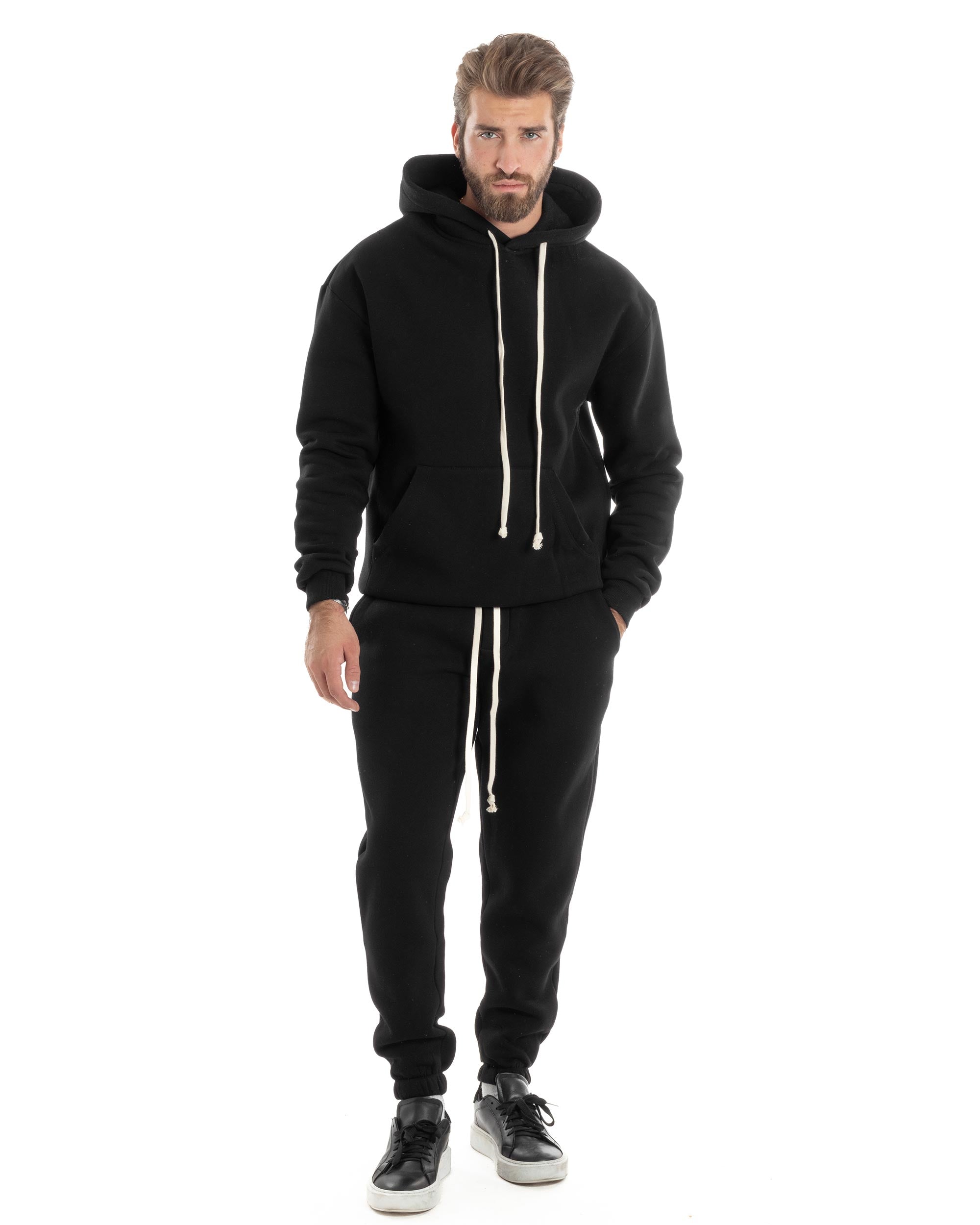 Completo Tuta Uomo Coordinato Outfit Felpa Con Cappuccio Pantaloni Jogger Tinta Unita Nero GIOSAL-OU2496A