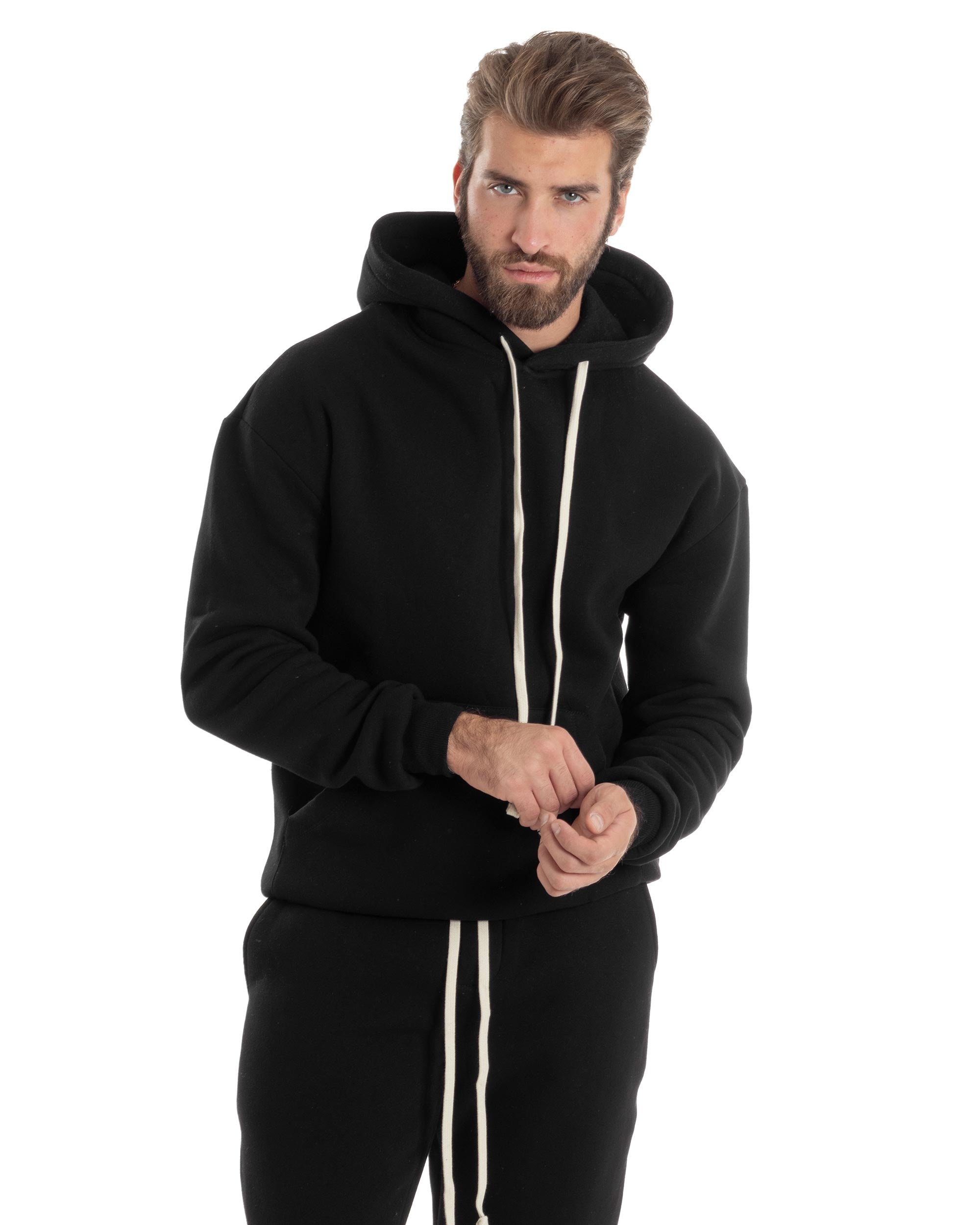 Completo Tuta Uomo Coordinato Outfit Felpa Con Cappuccio Pantaloni Jogger Tinta Unita Nero GIOSAL-OU2496A