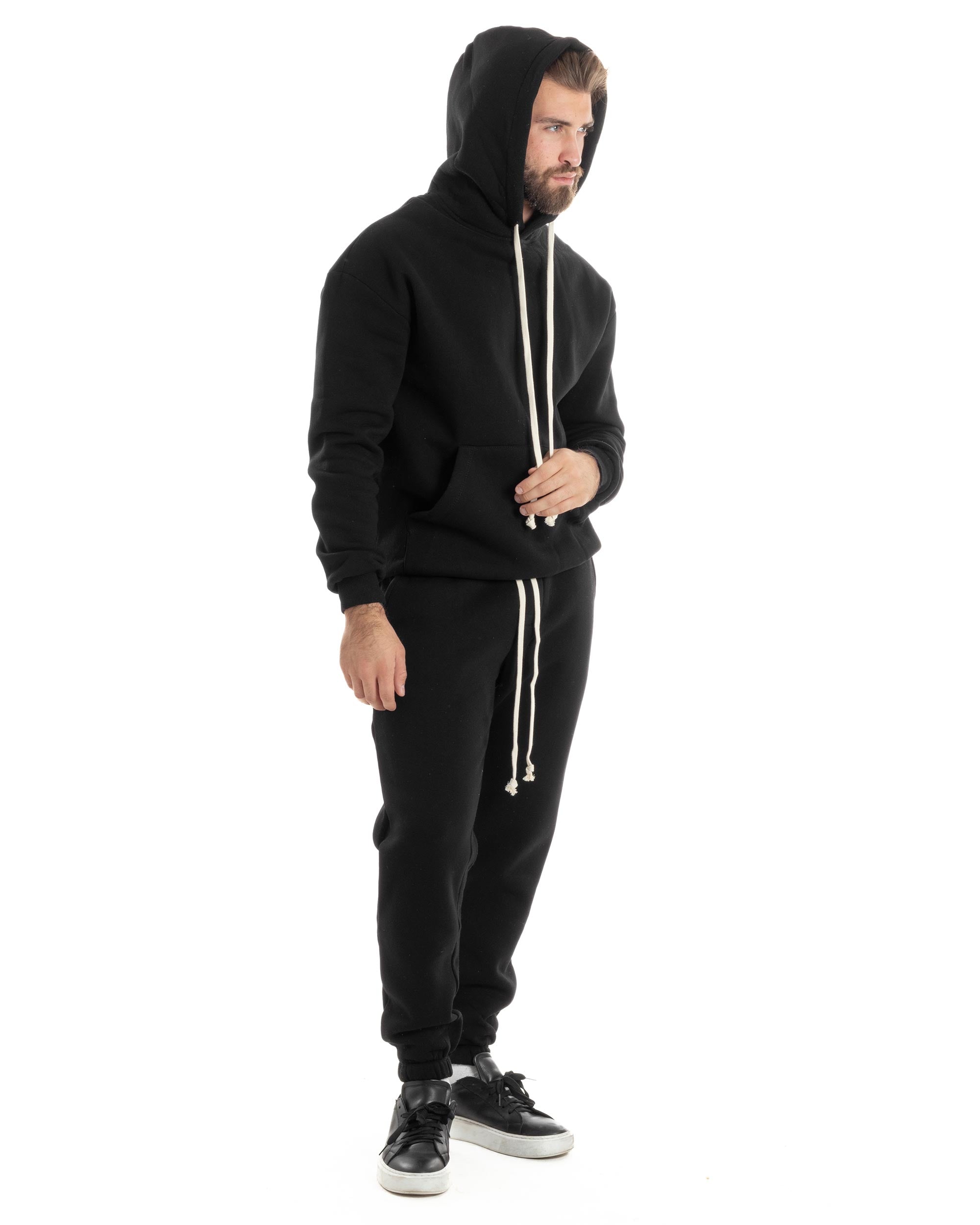 Completo Tuta Uomo Coordinato Outfit Felpa Con Cappuccio Pantaloni Jogger Tinta Unita Nero GIOSAL-OU2496A