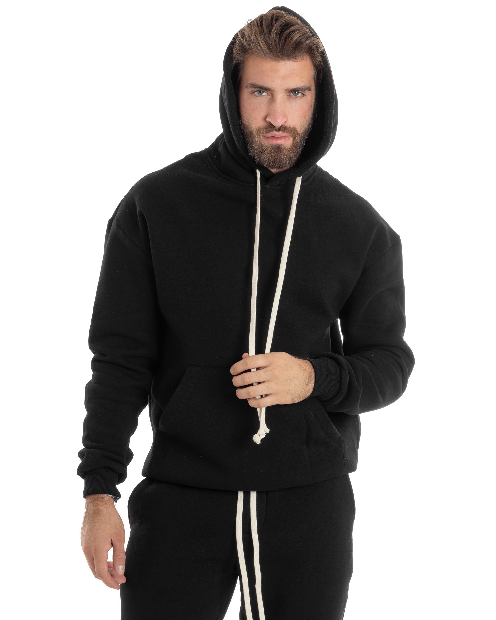 Completo Tuta Uomo Coordinato Outfit Felpa Con Cappuccio Pantaloni Jogger Tinta Unita Nero GIOSAL-OU2496A