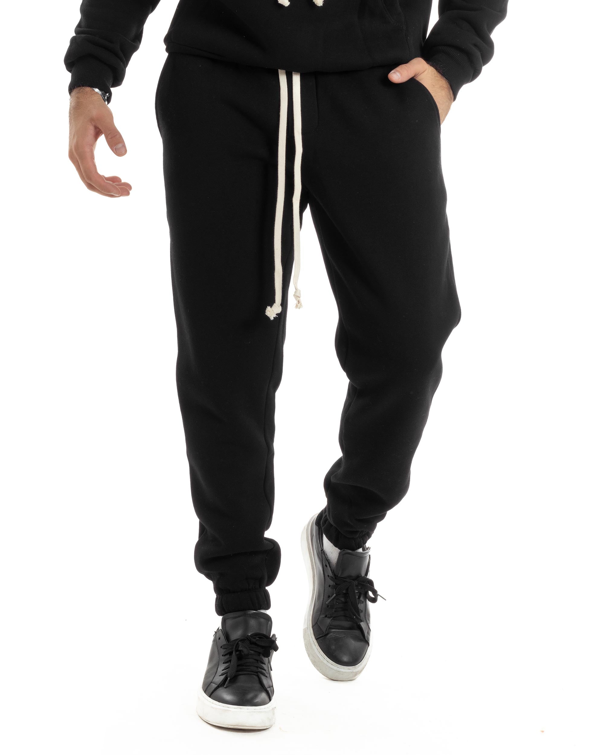 Completo Tuta Uomo Coordinato Outfit Felpa Con Cappuccio Pantaloni Jogger Tinta Unita Nero GIOSAL-OU2496A