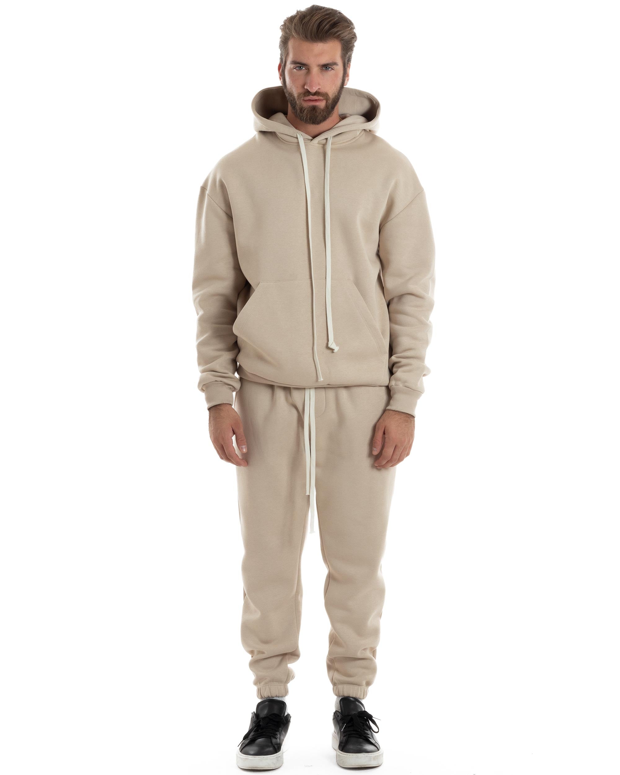 Completo Tuta Uomo Coordinato Outfit Felpa Con Cappuccio Pantaloni Jogger Tinta Unita Beige GIOSAL-OU2497A