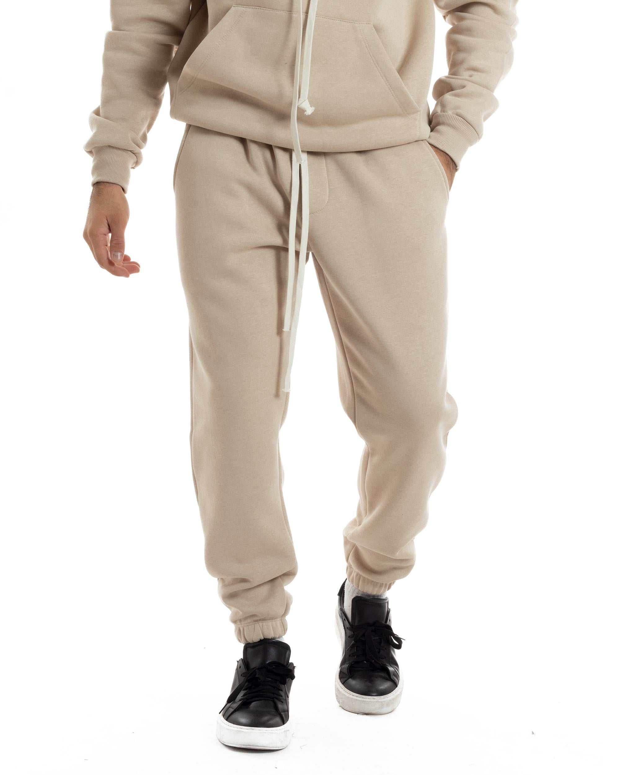 Completo Tuta Uomo Coordinato Outfit Felpa Con Cappuccio Pantaloni Jogger Tinta Unita Beige GIOSAL-OU2497A