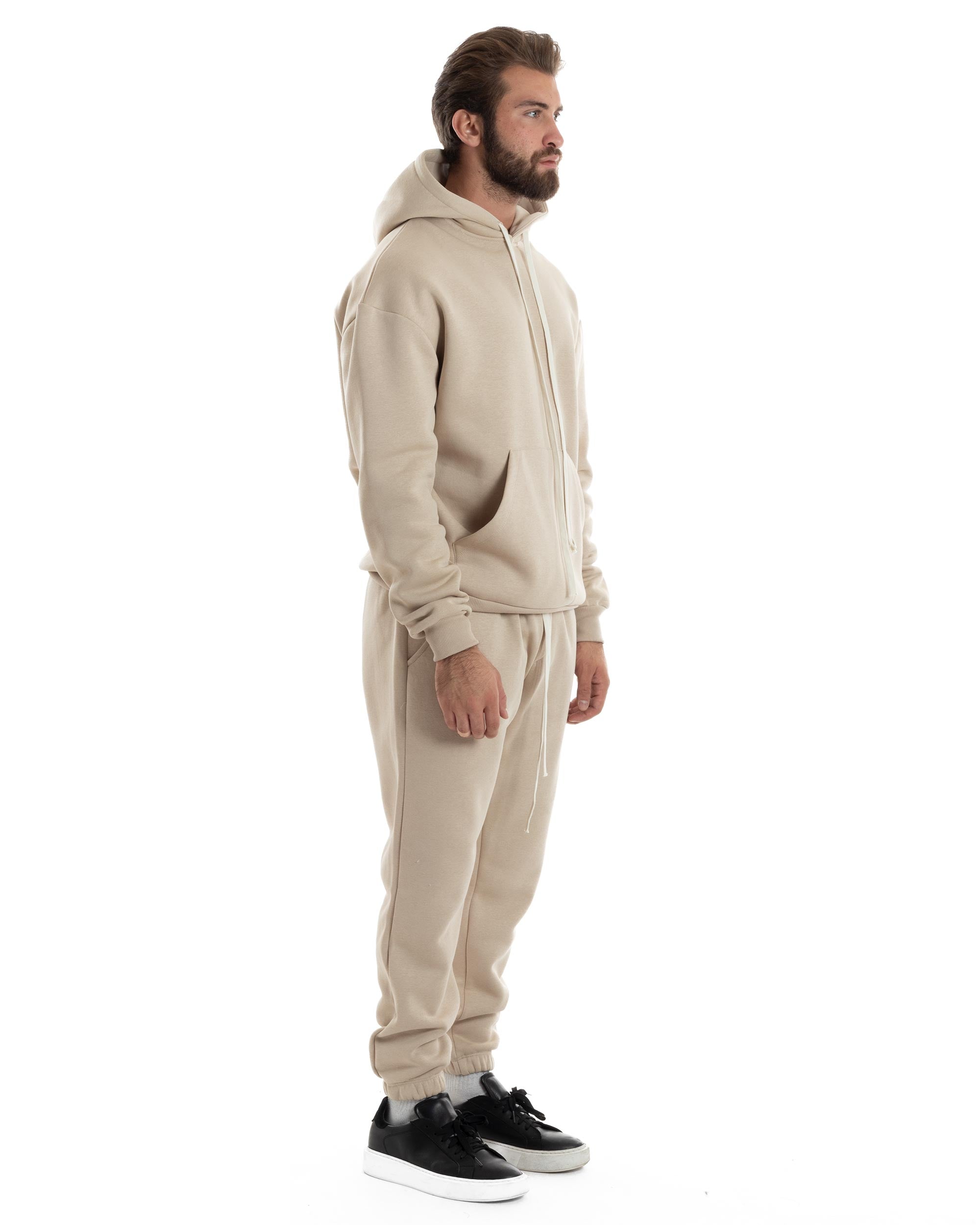 Completo Tuta Uomo Coordinato Outfit Felpa Con Cappuccio Pantaloni Jogger Tinta Unita Beige GIOSAL-OU2497A