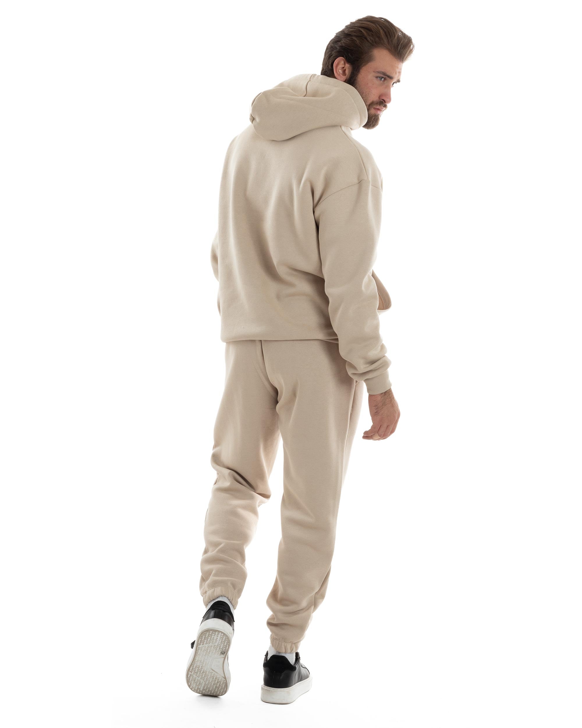 Completo Tuta Uomo Coordinato Outfit Felpa Con Cappuccio Pantaloni Jogger Tinta Unita Beige GIOSAL-OU2497A