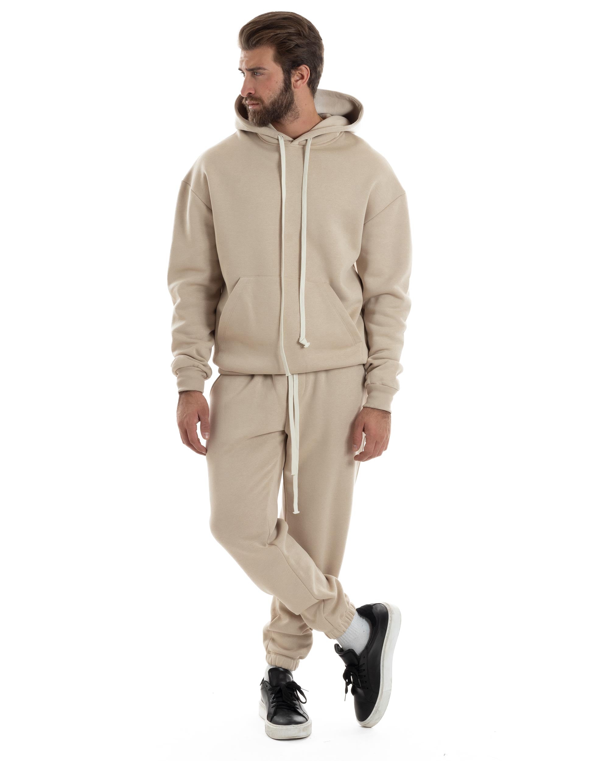 Completo Tuta Uomo Coordinato Outfit Felpa Con Cappuccio Pantaloni Jogger Tinta Unita Beige GIOSAL-OU2497A