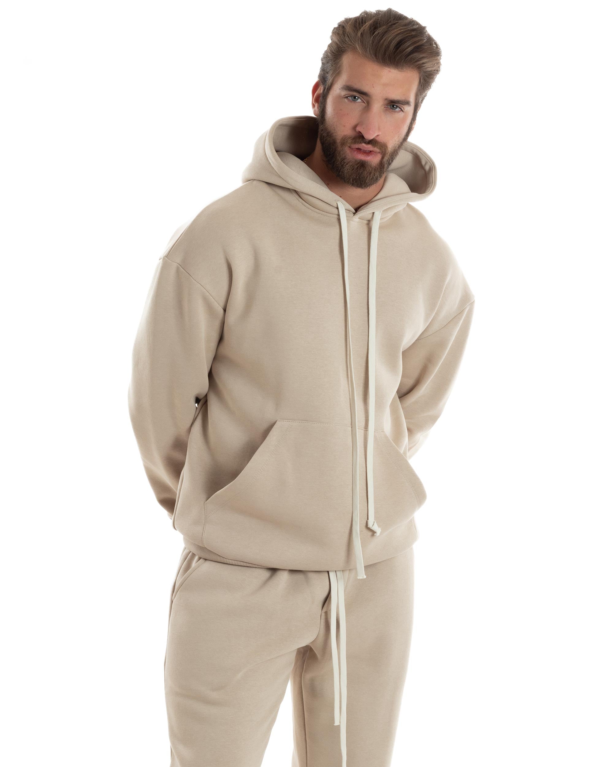 Completo Tuta Uomo Coordinato Outfit Felpa Con Cappuccio Pantaloni Jogger Tinta Unita Beige GIOSAL-OU2497A