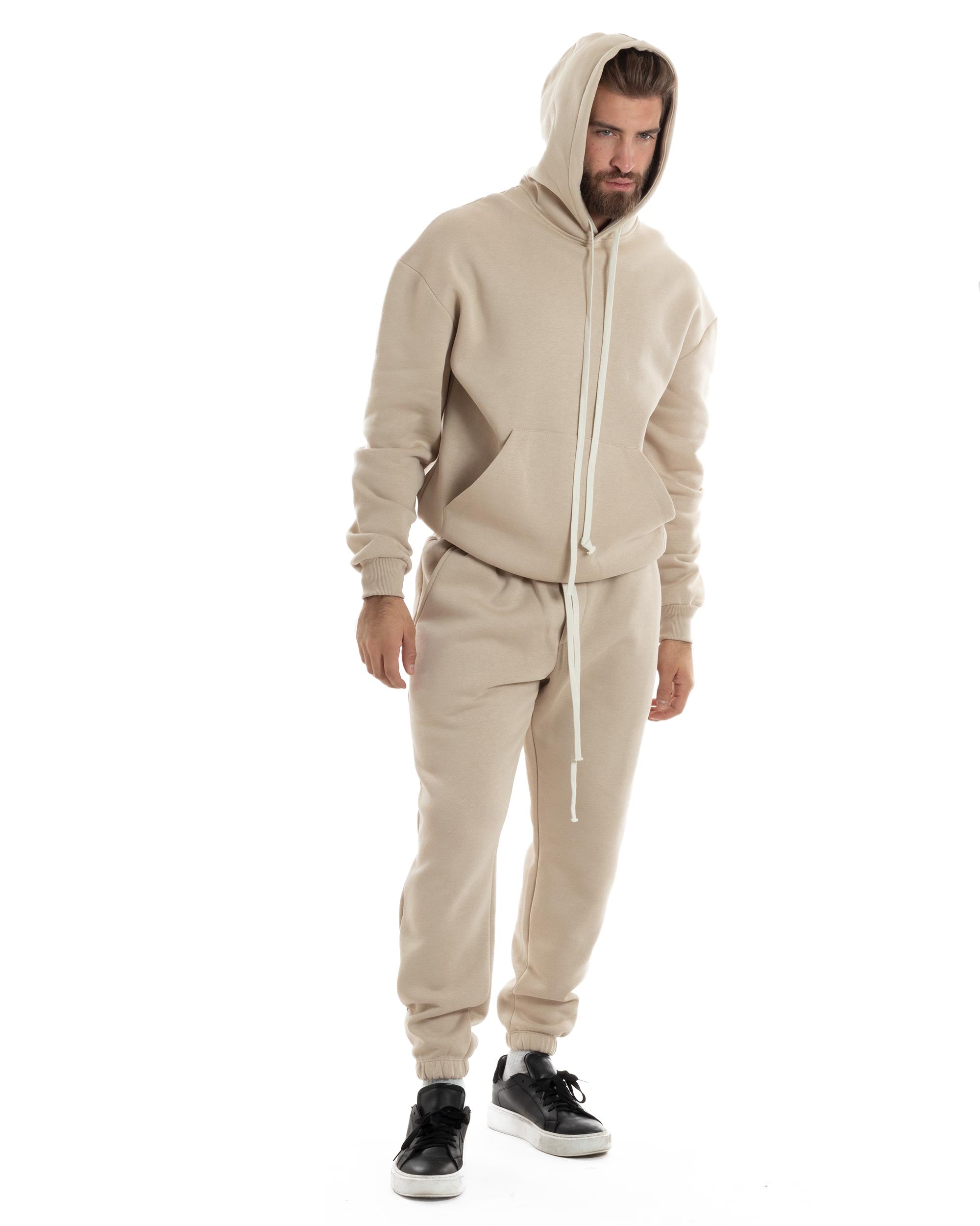 Completo Tuta Uomo Coordinato Outfit Felpa Con Cappuccio Pantaloni Jogger Tinta Unita Beige GIOSAL-OU2497A