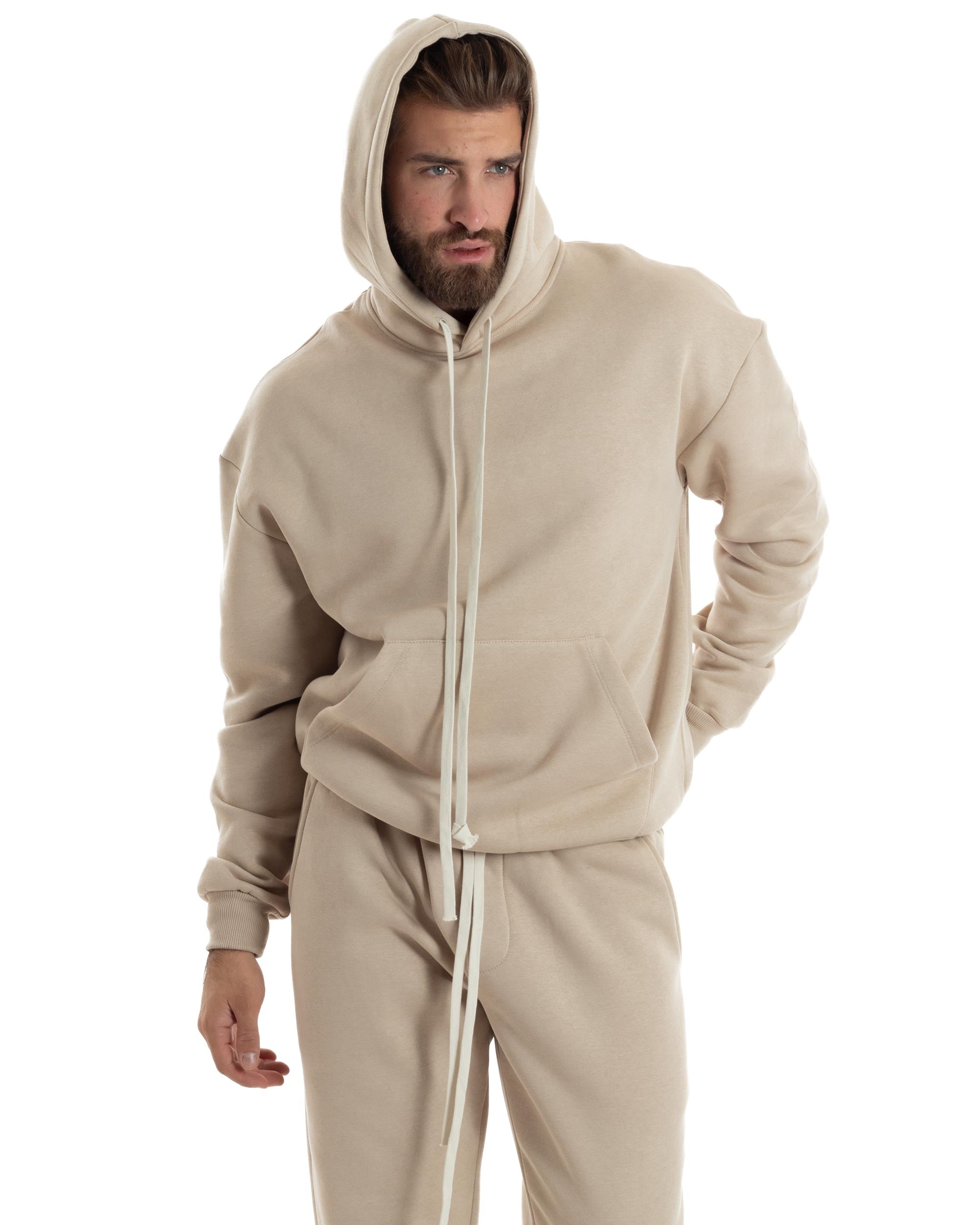 Completo Tuta Uomo Coordinato Outfit Felpa Con Cappuccio Pantaloni Jogger Tinta Unita Beige GIOSAL-OU2497A