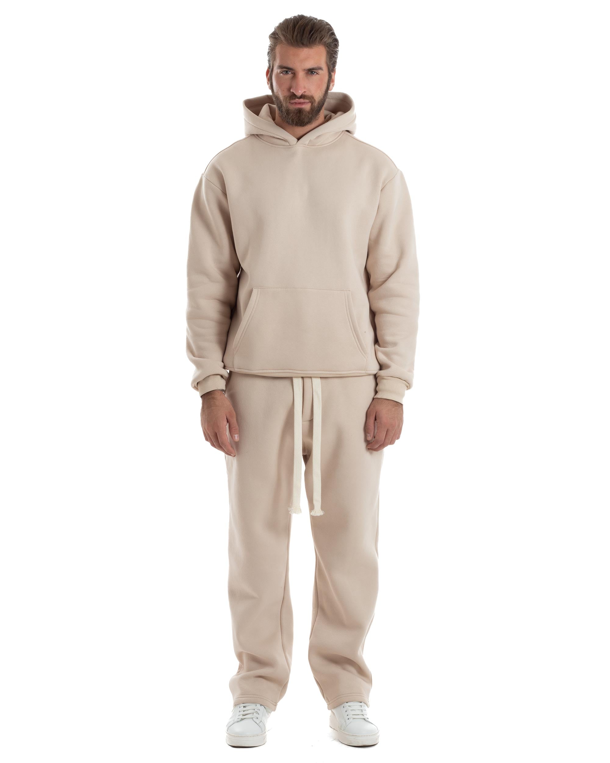 Completo Tuta Felpato Coordinato Uomo Outfit Felpa Con Cappuccio Pantaloni Baggy Tinta Unita Basic Beige Casual GIOSAL-OU2498A