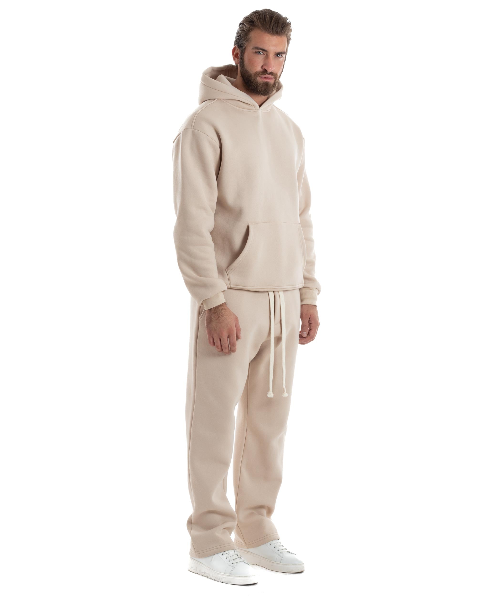 Completo Tuta Felpato Coordinato Uomo Outfit Felpa Con Cappuccio Pantaloni Baggy Tinta Unita Basic Beige Casual GIOSAL-OU2498A