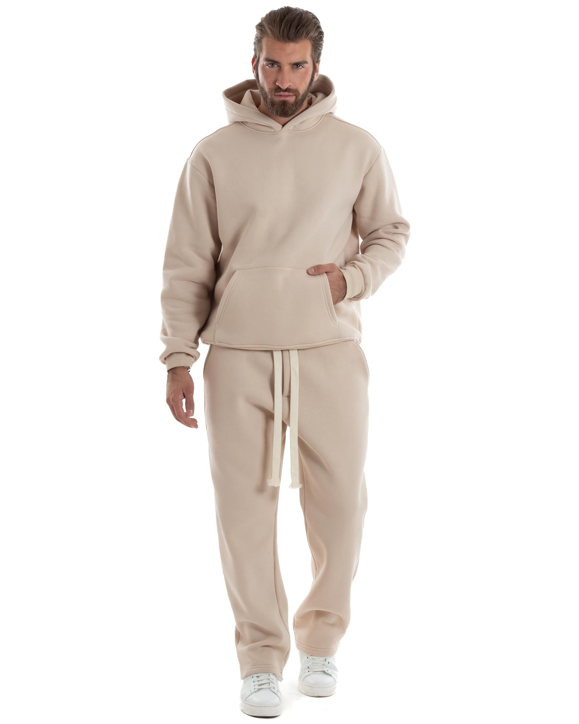 Completo Tuta Felpato Coordinato Uomo Outfit Felpa Con Cappuccio Pantaloni Baggy Tinta Unita Basic Beige Casual GIOSAL-OU2498A