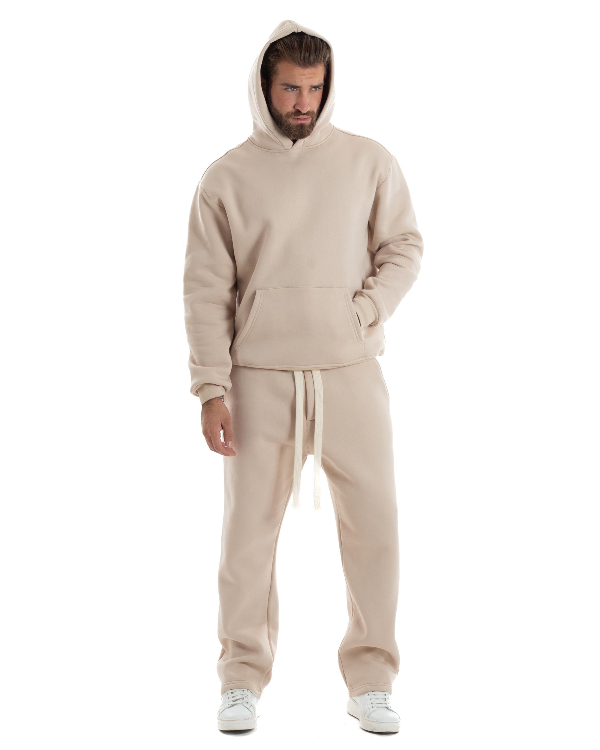 Completo Tuta Felpato Coordinato Uomo Outfit Felpa Con Cappuccio Pantaloni Baggy Tinta Unita Basic Beige Casual GIOSAL-OU2498A