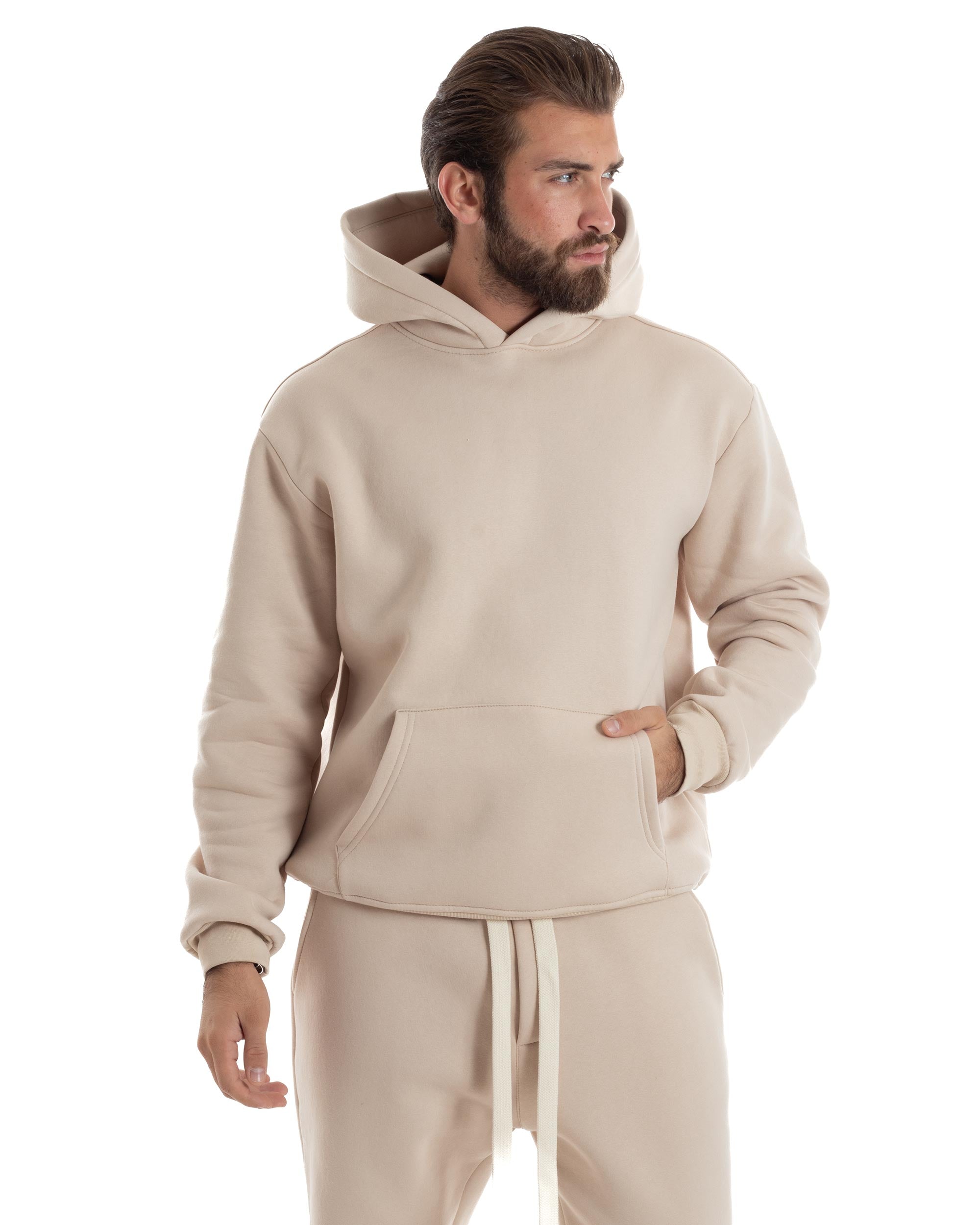 Completo Tuta Felpato Coordinato Uomo Outfit Felpa Con Cappuccio Pantaloni Baggy Tinta Unita Basic Beige Casual GIOSAL-OU2498A