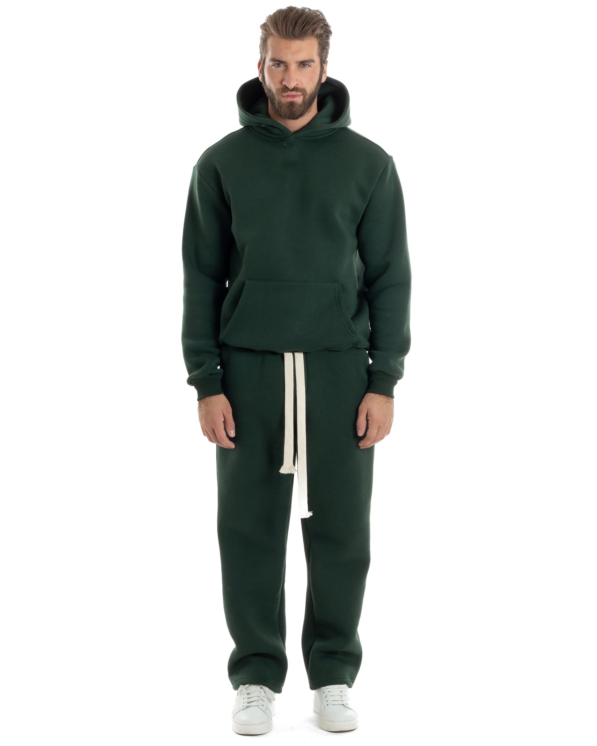 Completo Tuta Felpato Coordinato Uomo Outfit Felpa Con Cappuccio Pantaloni Baggy Tinta Unita Basic Verde Casual GIOSAL-OU2499A