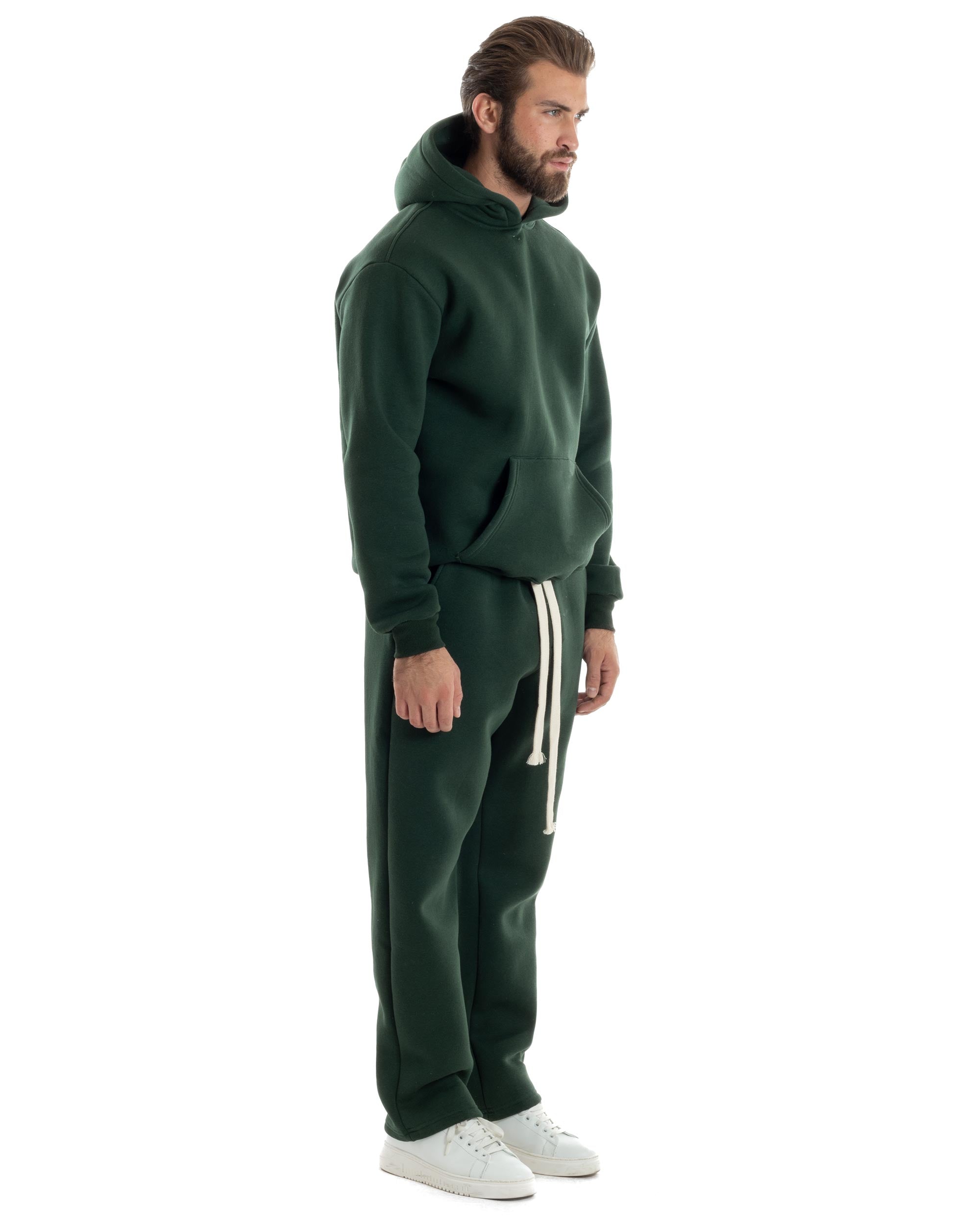 Completo Tuta Felpato Coordinato Uomo Outfit Felpa Con Cappuccio Pantaloni Baggy Tinta Unita Basic Verde Casual GIOSAL-OU2499A