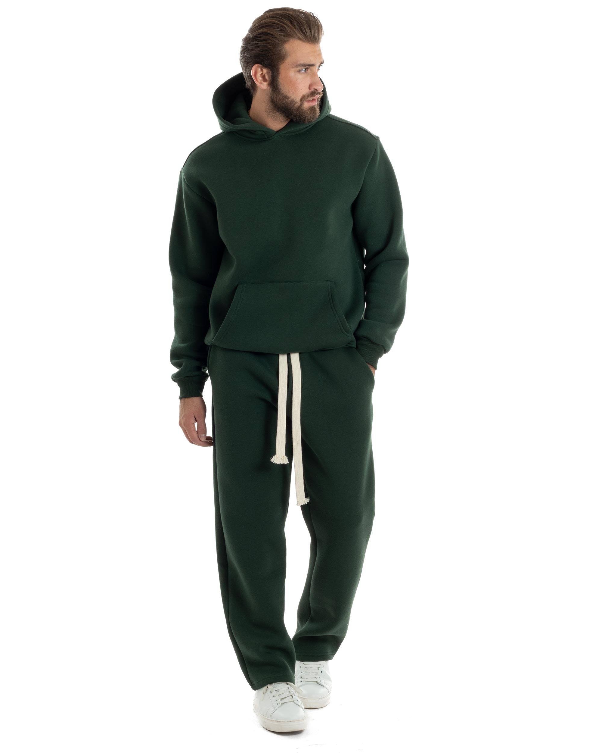 Completo Tuta Felpato Coordinato Uomo Outfit Felpa Con Cappuccio Pantaloni Baggy Tinta Unita Basic Verde Casual GIOSAL-OU2499A