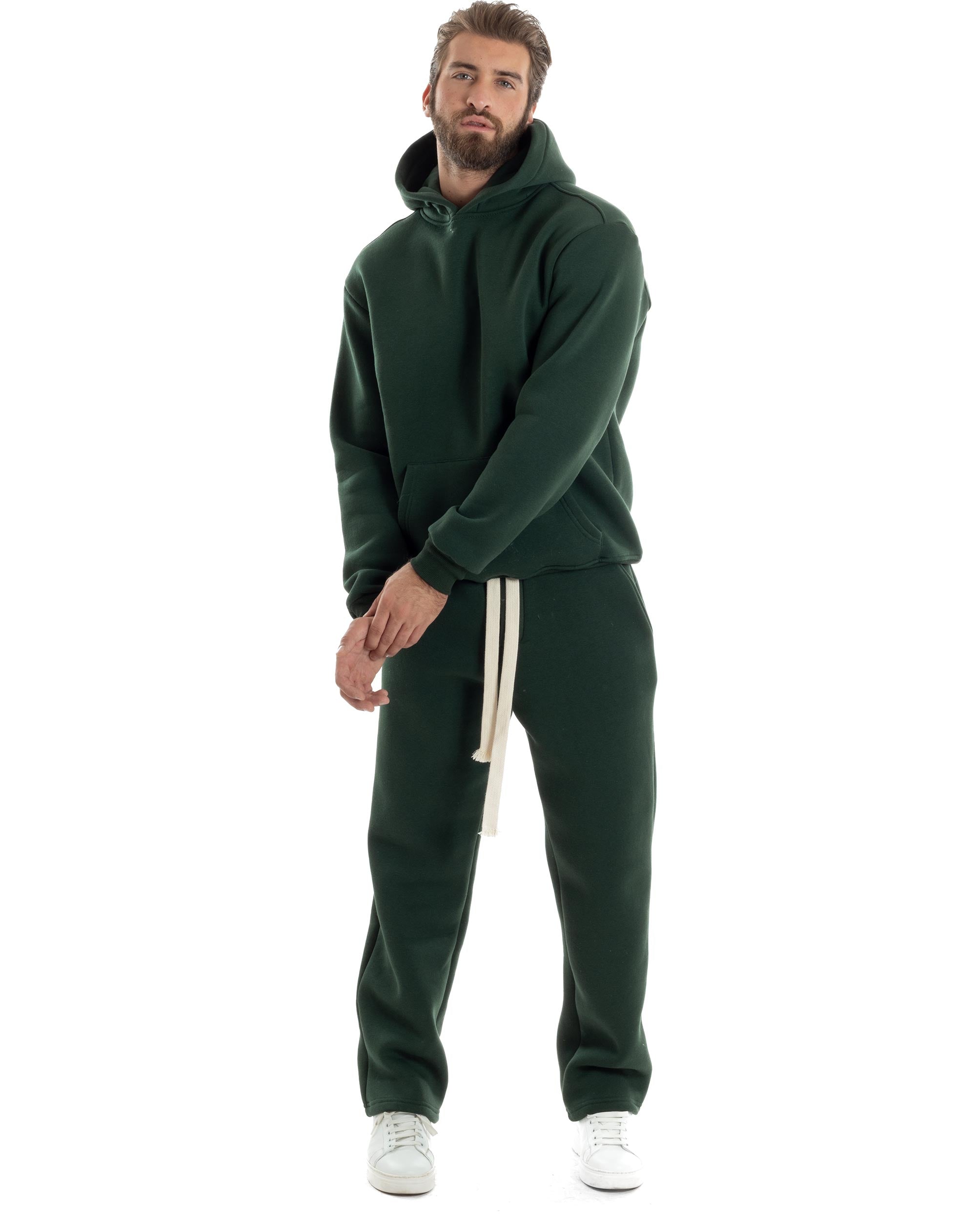 Completo Tuta Felpato Coordinato Uomo Outfit Felpa Con Cappuccio Pantaloni Baggy Tinta Unita Basic Verde Casual GIOSAL-OU2499A