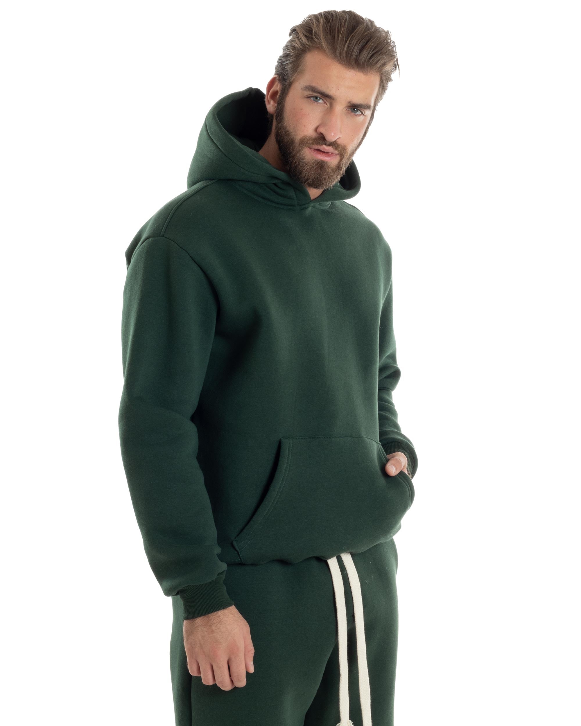 Completo Tuta Felpato Coordinato Uomo Outfit Felpa Con Cappuccio Pantaloni Baggy Tinta Unita Basic Verde Casual GIOSAL-OU2499A