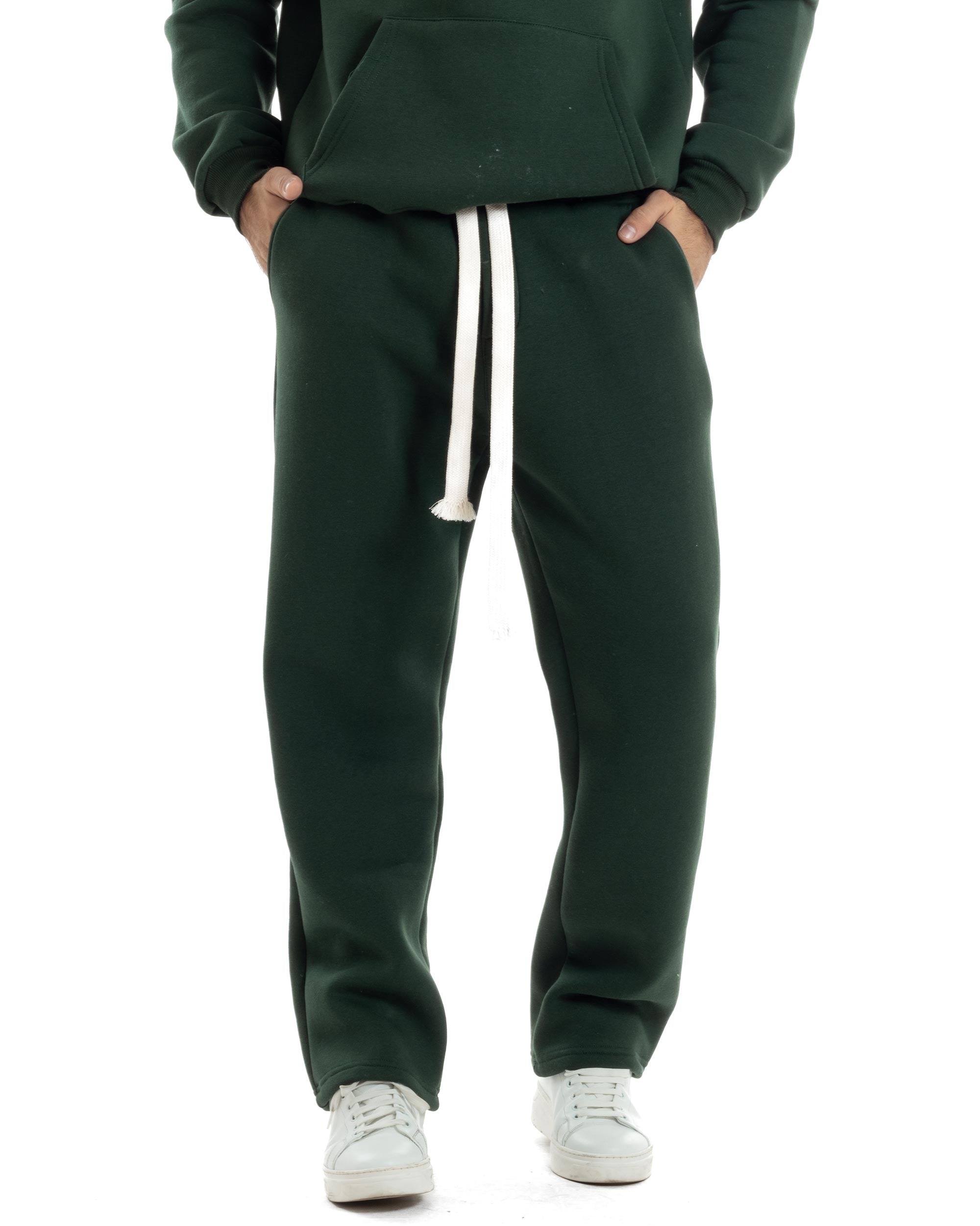 Completo Tuta Felpato Coordinato Uomo Outfit Felpa Con Cappuccio Pantaloni Baggy Tinta Unita Basic Verde Casual GIOSAL-OU2499A