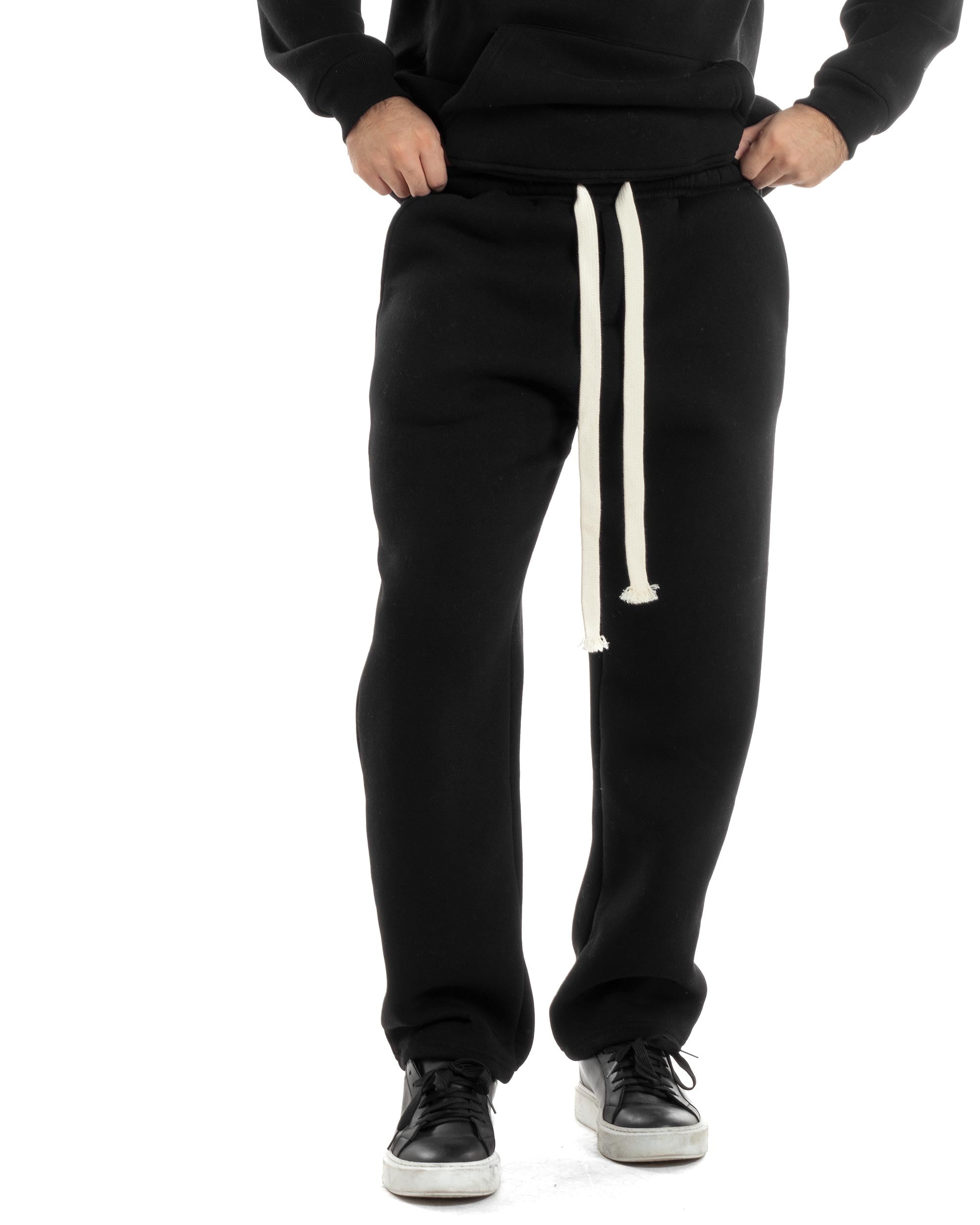 Completo Tuta Felpato Coordinato Uomo Outfit Felpa Con Cappuccio Pantaloni Baggy Tinta Unita Basic Nero Casual GIOSAL-OU2500A