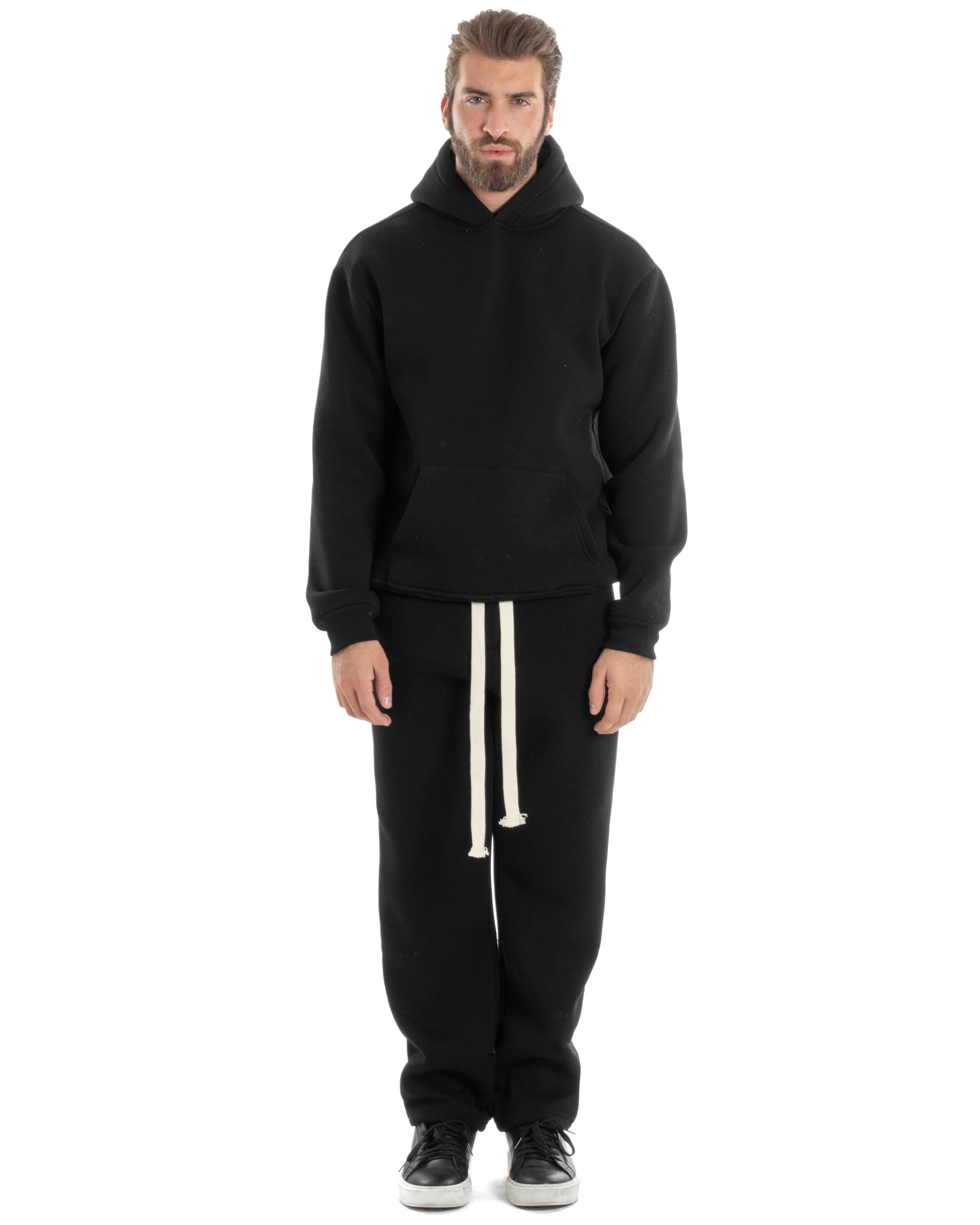 Completo Tuta Felpato Coordinato Uomo Outfit Felpa Con Cappuccio Pantaloni Baggy Tinta Unita Basic Nero Casual GIOSAL-OU2500A