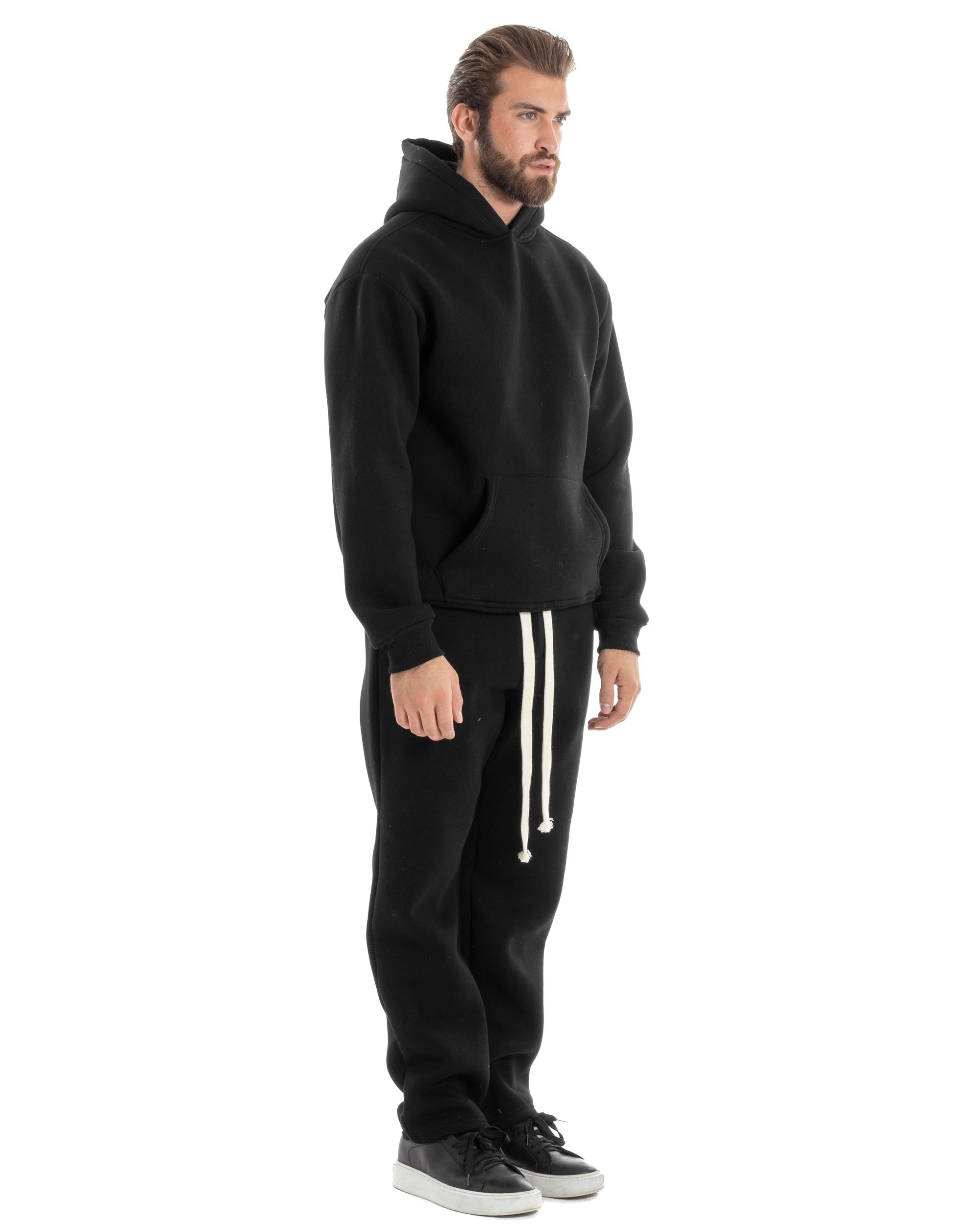 Completo Tuta Felpato Coordinato Uomo Outfit Felpa Con Cappuccio Pantaloni Baggy Tinta Unita Basic Nero Casual GIOSAL-OU2500A