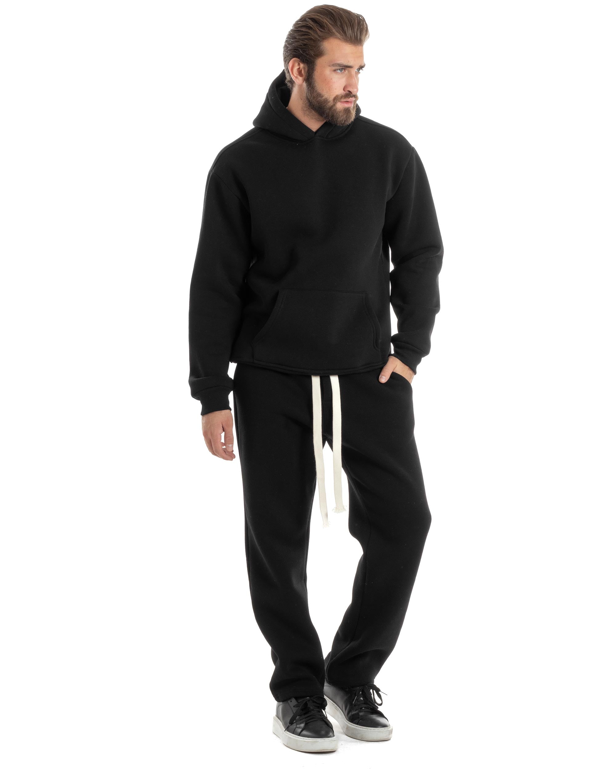 Completo Tuta Felpato Coordinato Uomo Outfit Felpa Con Cappuccio Pantaloni Baggy Tinta Unita Basic Nero Casual GIOSAL-OU2500A