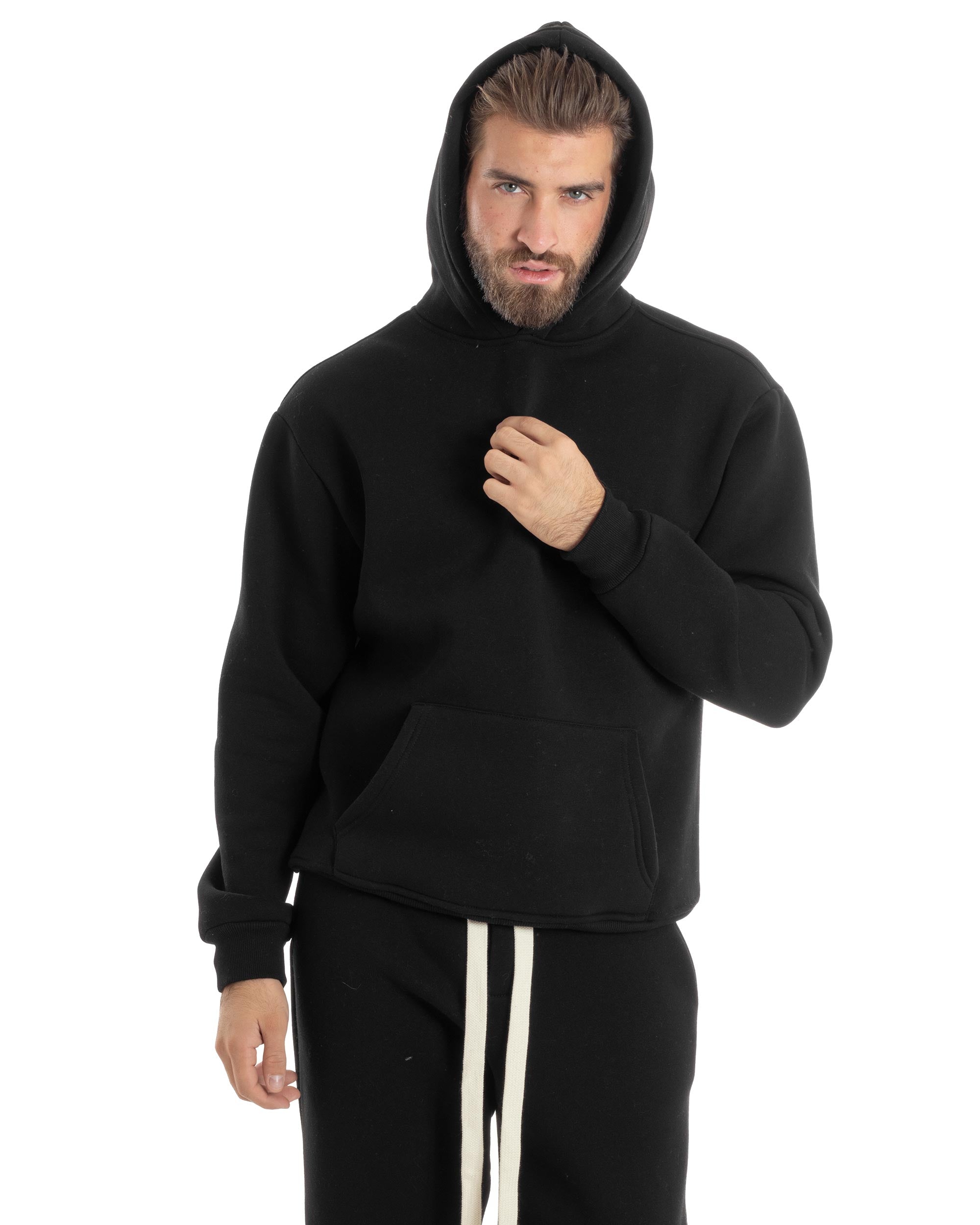 Completo Tuta Felpato Coordinato Uomo Outfit Felpa Con Cappuccio Pantaloni Baggy Tinta Unita Basic Nero Casual GIOSAL-OU2500A