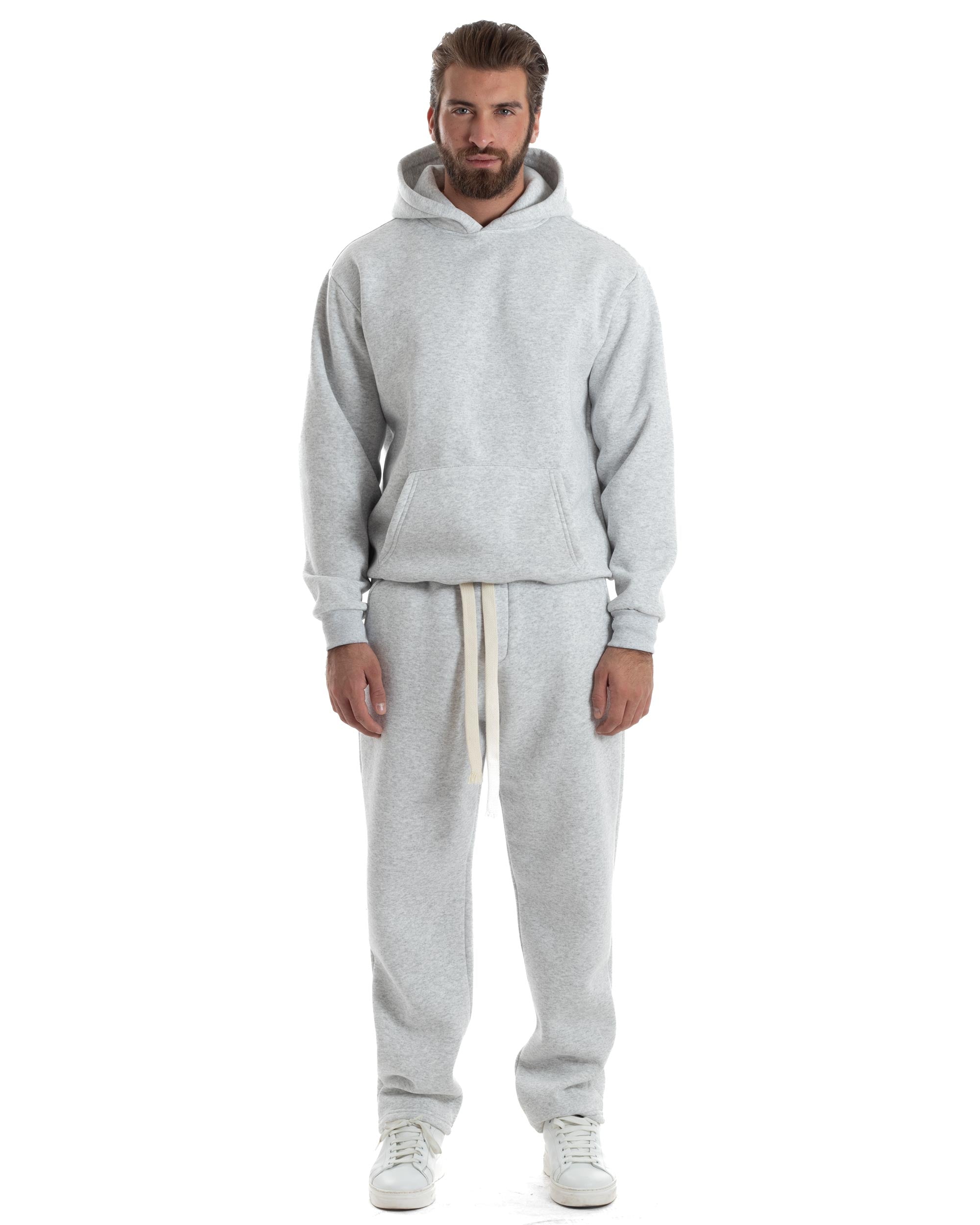 Completo Tuta Felpato Coordinato Uomo Outfit Felpa Con Cappuccio Pantaloni Baggy Tinta Unita Basic Grigio Casual GIOSAL-OU2501A