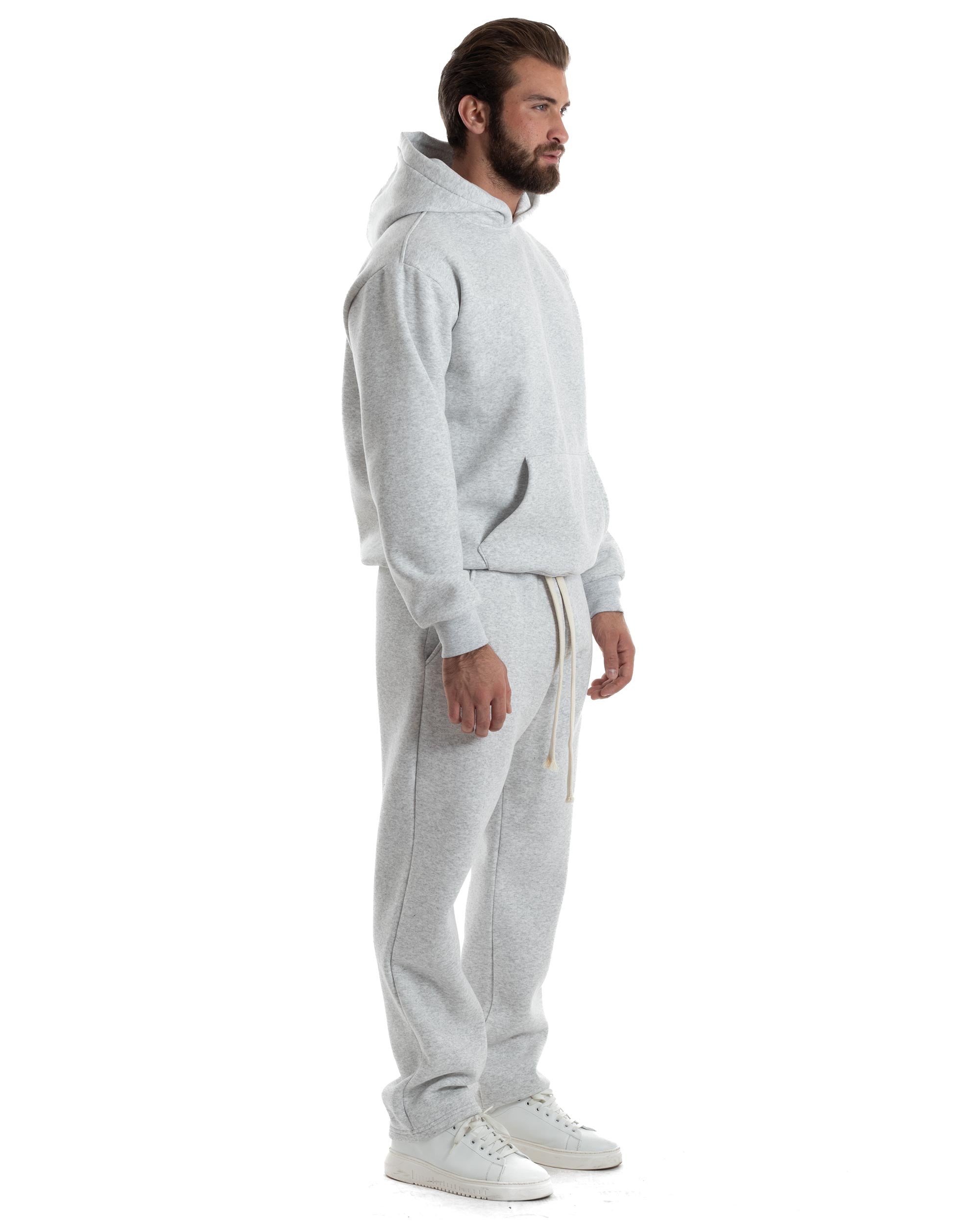 Completo Tuta Felpato Coordinato Uomo Outfit Felpa Con Cappuccio Pantaloni Baggy Tinta Unita Basic Grigio Casual GIOSAL-OU2501A