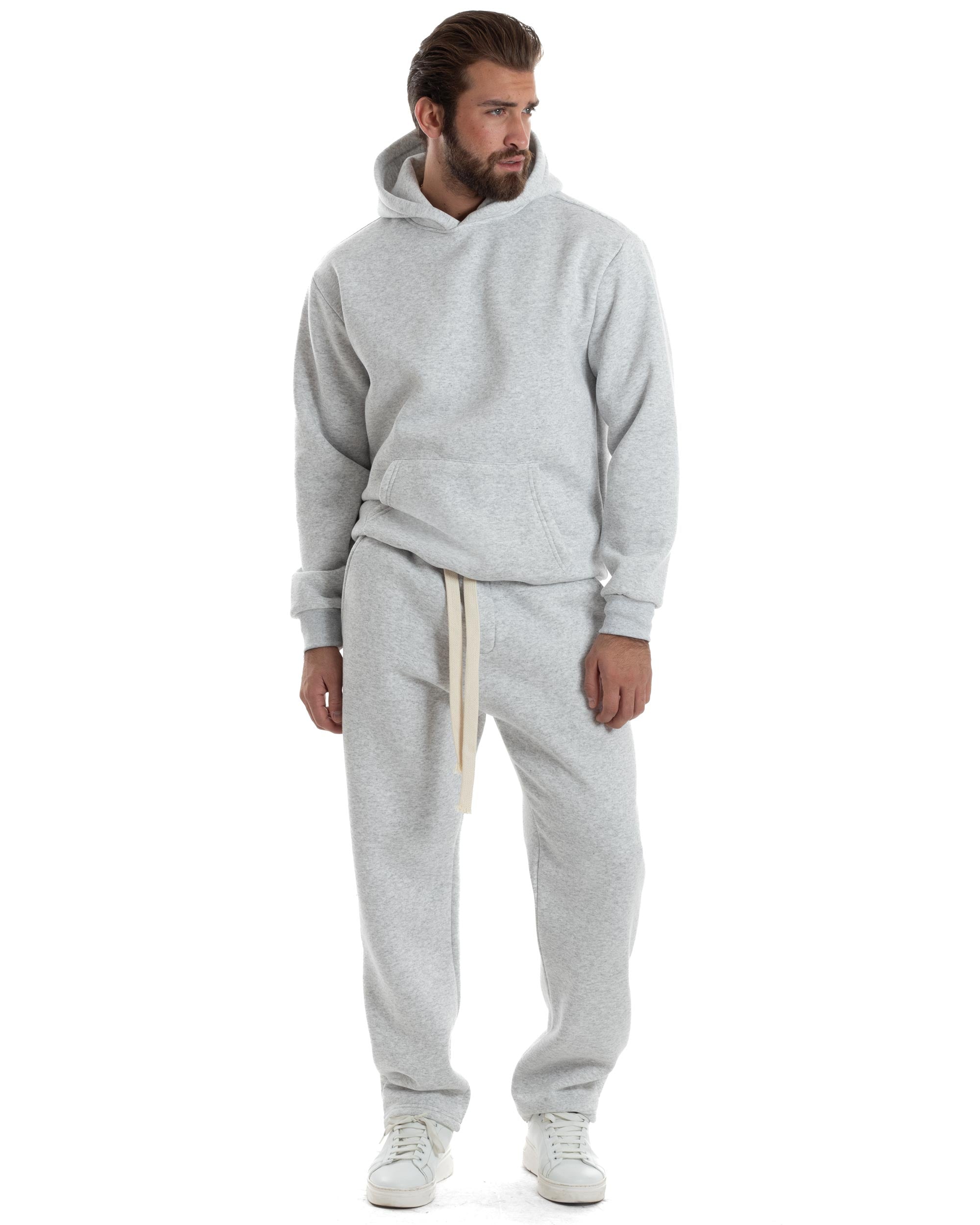 Completo Tuta Felpato Coordinato Uomo Outfit Felpa Con Cappuccio Pantaloni Baggy Tinta Unita Basic Grigio Casual GIOSAL-OU2501A